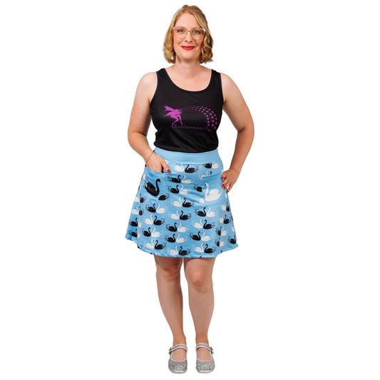 Grace Short Skirt by RainbowsAndFairies.com (Black & White - Swans - Birds - Skirt With Pockets - Aline Skirt - Vintage Inspired) - SKU: CL_SHORT_GRACE_ORG - Pic 01