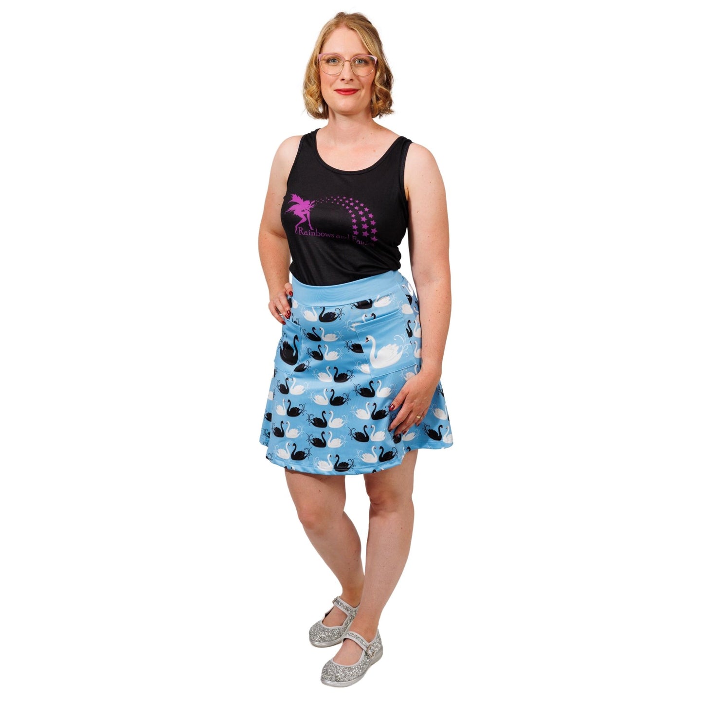 Grace Short Skirt by RainbowsAndFairies.com (Black & White - Swans - Birds - Skirt With Pockets - Aline Skirt - Vintage Inspired) - SKU: CL_SHORT_GRACE_ORG - Pic 02