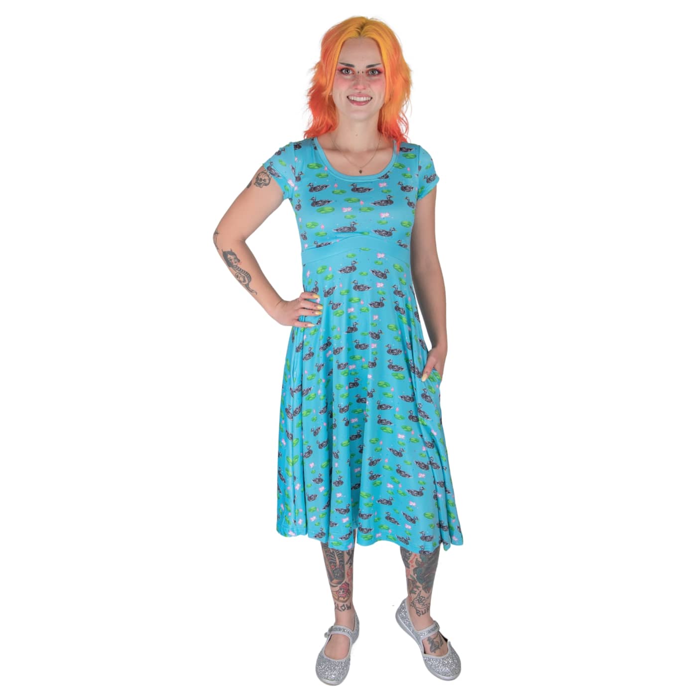 Mallard Tea Dress by RainbowsAndFairies.com.au (Ducks - Mallard - Lotus - Lilypad - Dress With Pockets - Circle Skirt - Vintage Inspired - Kitsch) - SKU: CL_TEADR_MALLA_ORG - Pic-03