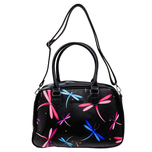 Midnight Dreaming Bowler Bag by RainbowsAndFairies.com (Dragonfly - Pink & Purple - Butterfly - Kitsch - Bowler Style - Bowling Bag - Handbag - Vintage Inspired - Rockabilly) - SKU: BG_BOWLR_DREAM_MID - Pic 01