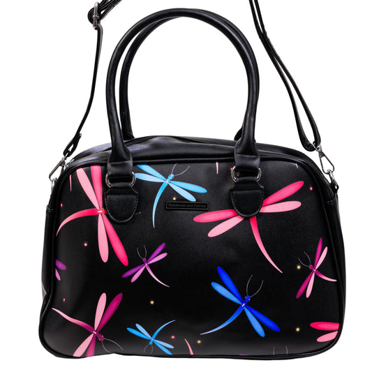 Midnight Dreaming Bowler Bag by RainbowsAndFairies.com (Dragonfly - Pink & Purple - Butterfly - Kitsch - Bowler Style - Bowling Bag - Handbag - Vintage Inspired - Rockabilly) - SKU: BG_BOWLR_DREAM_MID - Pic 02