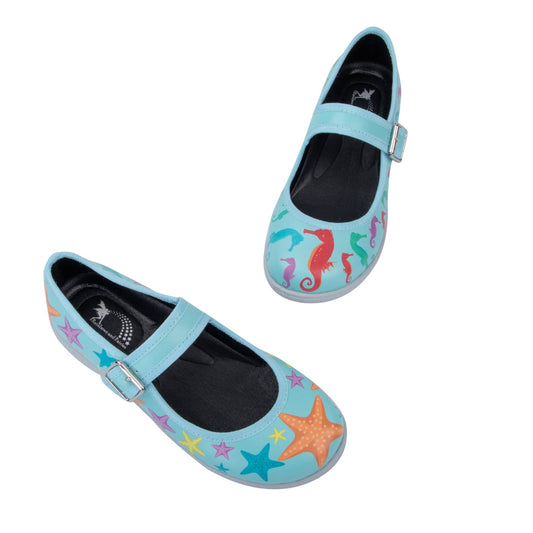 Oceania Mary Janes by RainbowsAndFairies.com.au (Seahorse - Starfish - Mismatched Shoes - Glitter Shoes  - Under The Sea) - SKU: FW_MARYJ_OCEAN_ORG - Pic-01