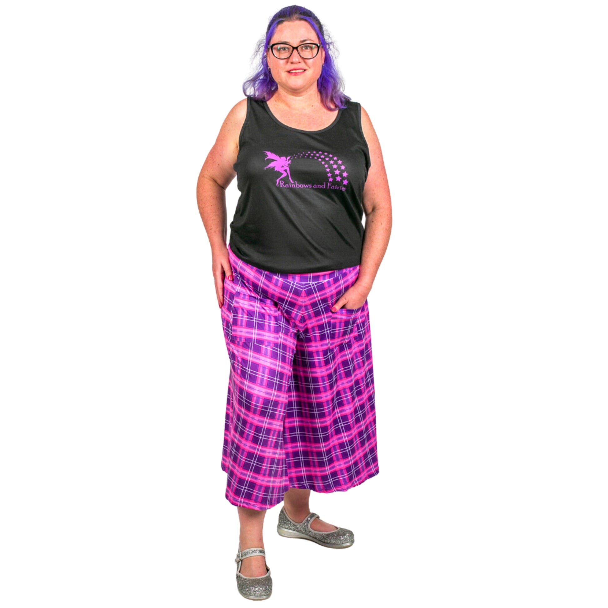 Purple Plaid Culottes by RainbowsAndFairies.com (Tartan - Purple Check - Psychedelic - 3 Quarter Wide Leg Pants - Cute - Vintage Inspired) - SKU: CL_CULTS_PLAID_PUR - Pic 03