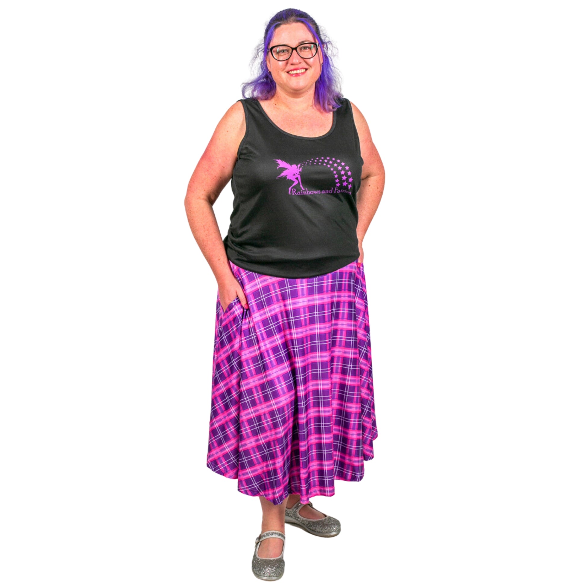 Purple Plaid Swishy Skirt by RainbowsAndFairies.com (Purple Check - Tartan - Skirt With Pockets - Circle Skirt  - Vintage Inspired) - SKU: CL_SWISH_PLAID_PUR - Pic 02