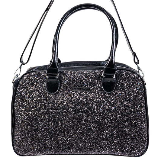 Starry Night Bowler Bag by RainbowsAndFairies.com (Black Silver Glitter - Sparkle - Kitsch - Bowler Style - Bowling Bag - Handbag - Vintage Inspired - Rockabilly) - SKU: BG_BOWLR_STARR_ORG - Pic 02