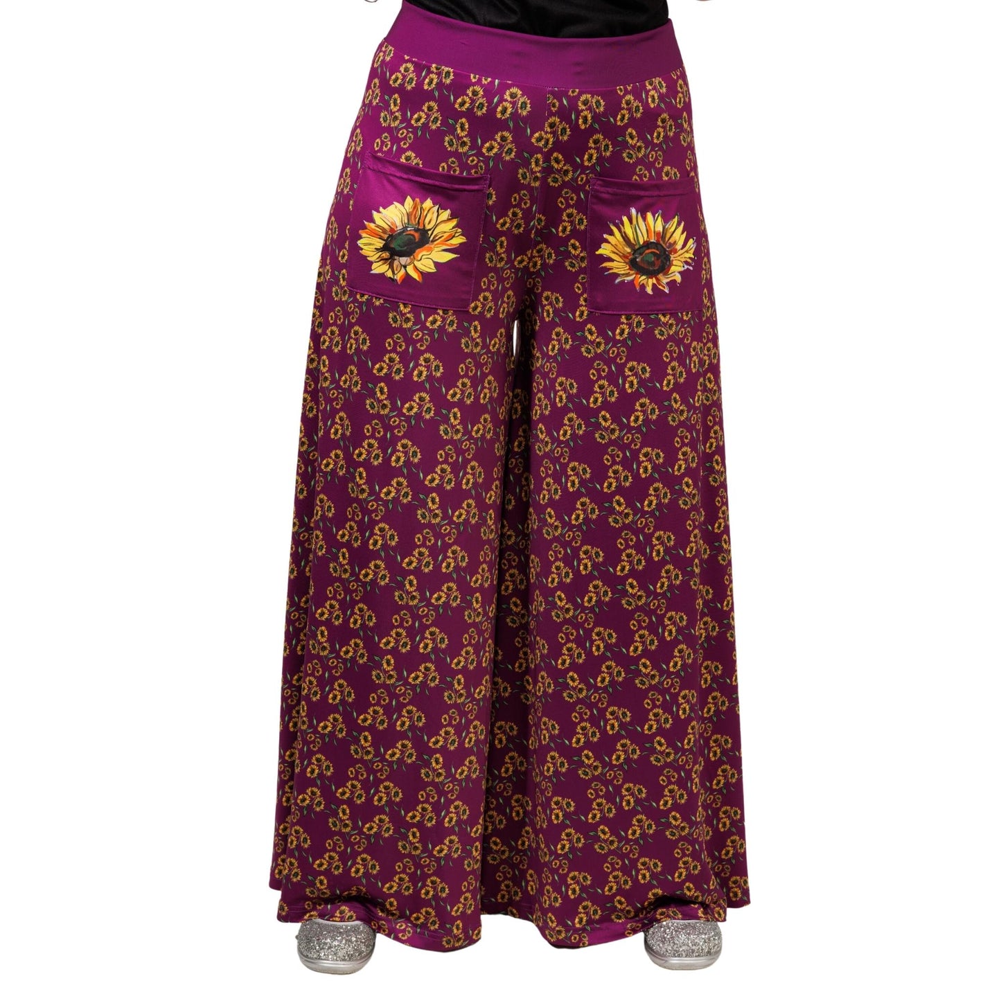 Sunflower Wide Leg Pants by RainbowsAndFairies.com.au (Sunflowers - Flowers - Floral Print - Vintage Inspired - Flares - Pants With Pockets) - SKU: CL_WIDEL_SUNFL_ORG - Pic-01