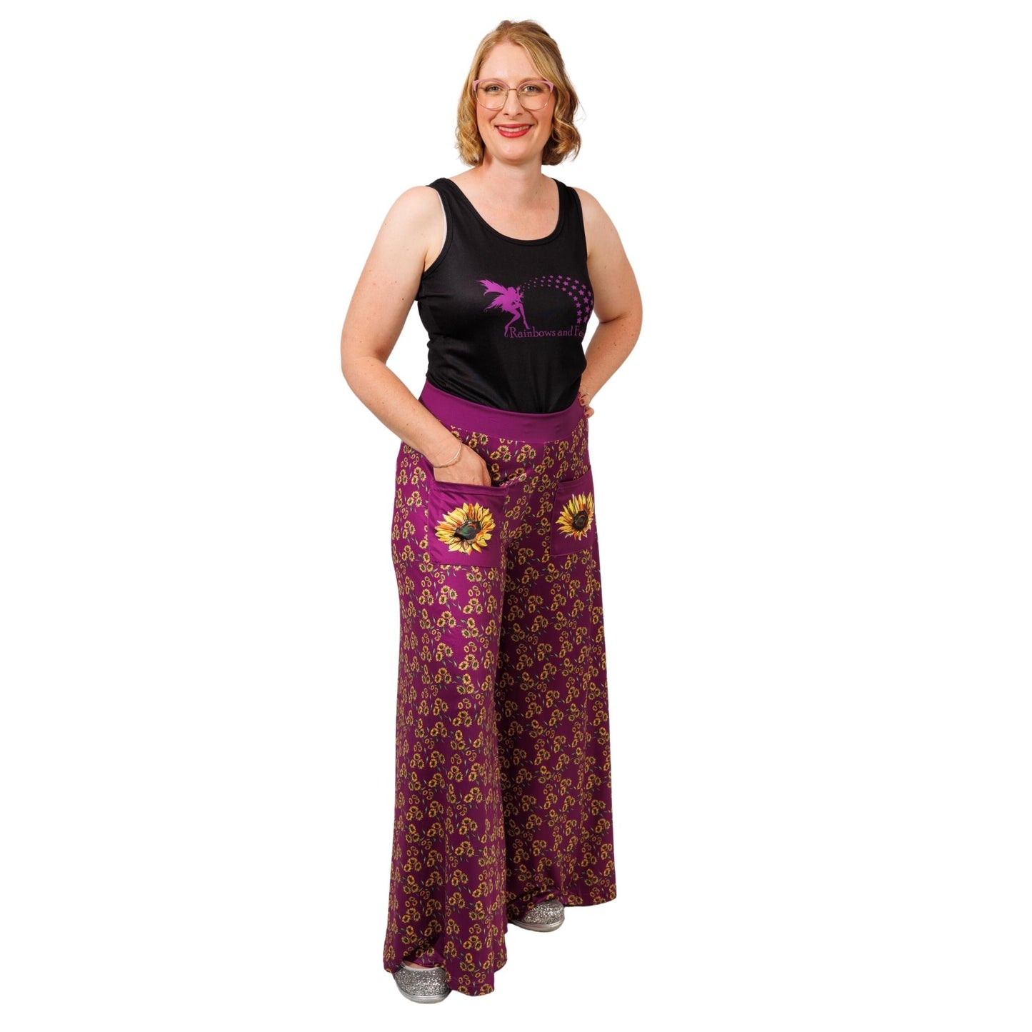 Sunflower Wide Leg Pants by RainbowsAndFairies.com.au (Sunflowers - Flowers - Floral Print - Vintage Inspired - Flares - Pants With Pockets) - SKU: CL_WIDEL_SUNFL_ORG - Pic-02