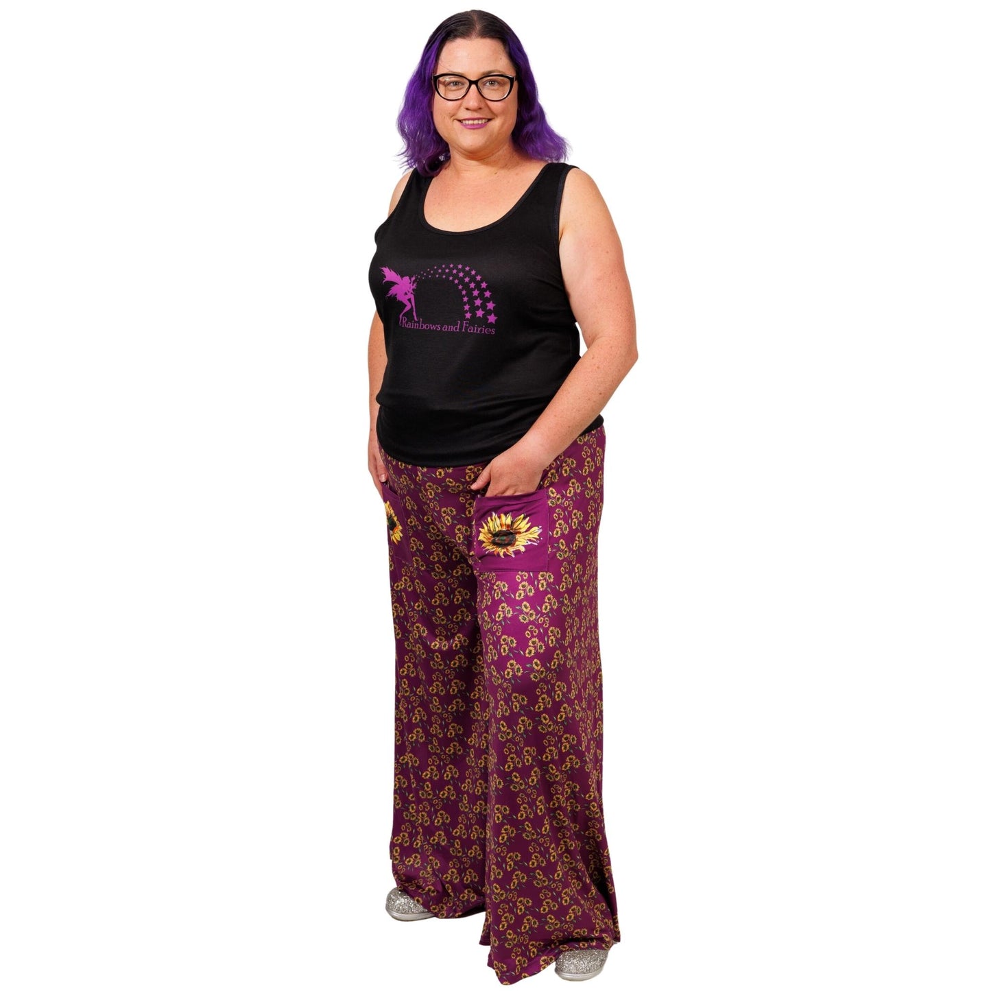 Sunflower Wide Leg Pants by RainbowsAndFairies.com.au (Sunflowers - Flowers - Floral Print - Vintage Inspired - Flares - Pants With Pockets) - SKU: CL_WIDEL_SUNFL_ORG - Pic-04