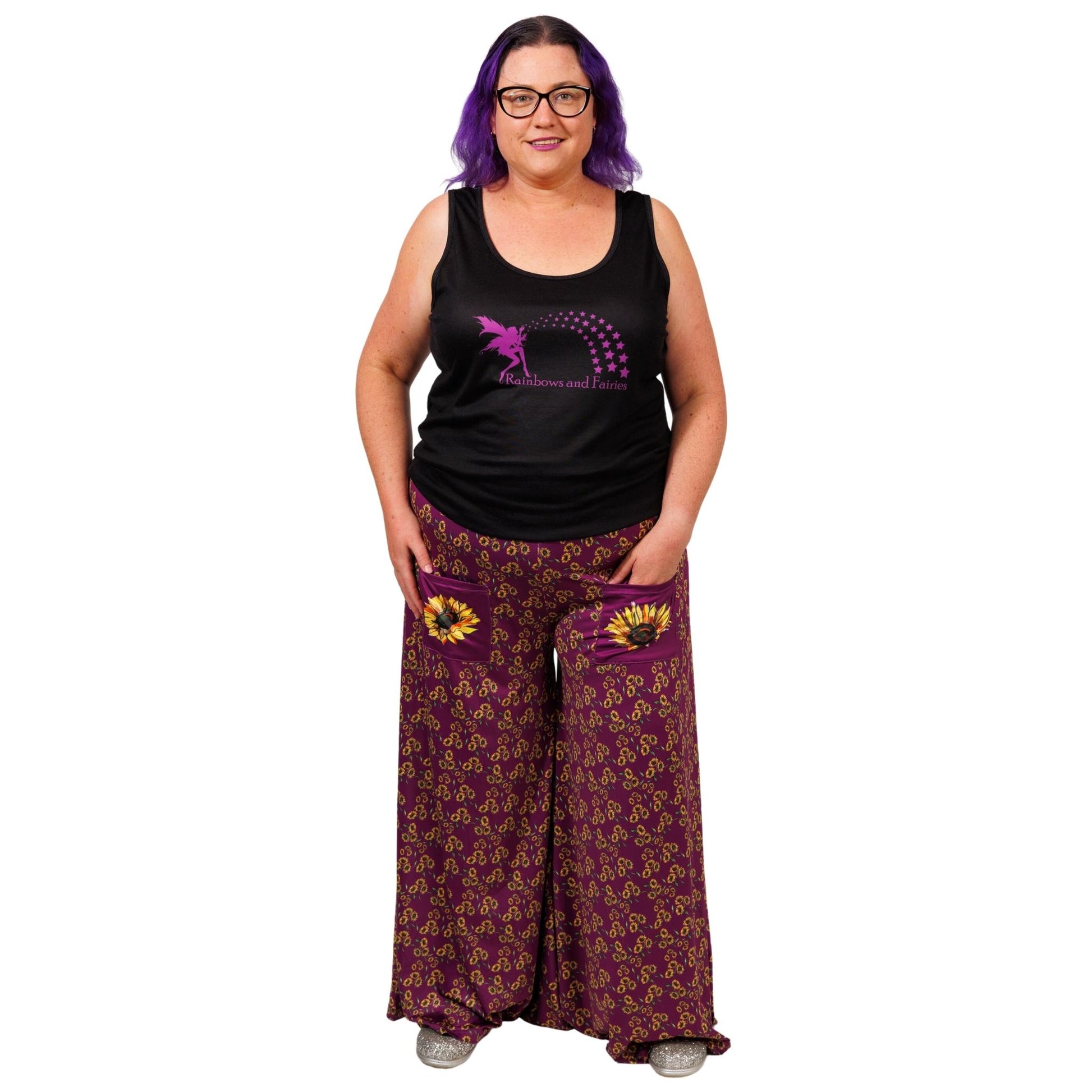 Sunflower Wide Leg Pants by RainbowsAndFairies.com.au (Sunflowers - Flowers - Floral Print - Vintage Inspired - Flares - Pants With Pockets) - SKU: CL_WIDEL_SUNFL_ORG - Pic-05