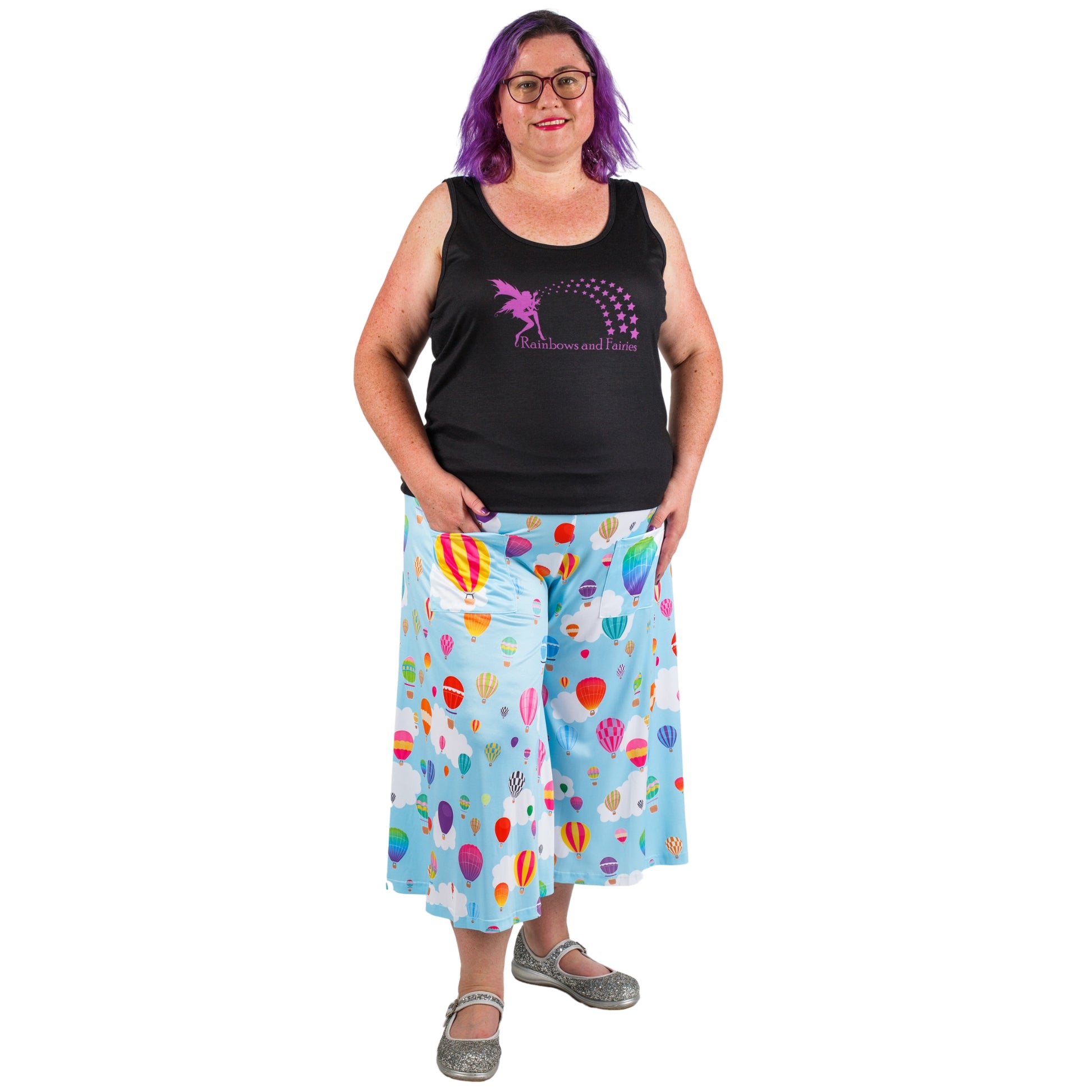 Whimsy Culottes by RainbowsAndFairies.com (Balloons - Hot Air Balloon - 3 Quarter Wide Leg Pants - Cute - Vintage Inspired) - SKU: CL_CULTS_WHIMS_ORG - Pic 03