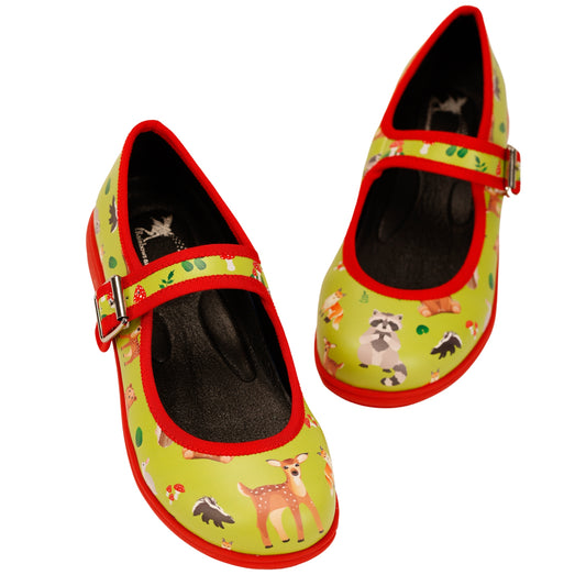 Woodland Mary Janes by RainbowsAndFairies.com.au (Creatures - Racoon - Bear - Animals - Buckle Up Shoes - Mismatched Shoes - Stripes) - SKU: FW_MARYJ_WOODL_ORG - Pic-01