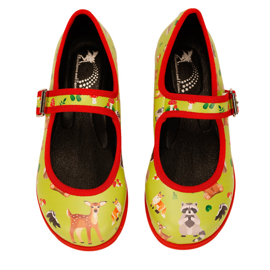 Woodland Mary Janes by RainbowsAndFairies.com.au (Creatures - Racoon - Bear - Animals - Buckle Up Shoes - Mismatched Shoes - Stripes) - SKU: FW_MARYJ_WOODL_ORG - Pic-02