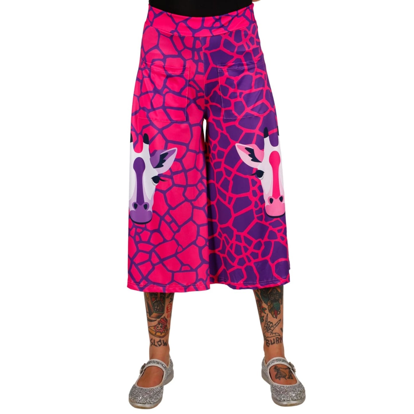 Andy Culottes by RainbowsAndFairies.com (Giraffe - Pink & Purple - Jungle - 3 Quarter Pants - Rockabilly - Vintage Inspired) - SKU: CL_CULTS_ANDYG_PNK - Pic 01