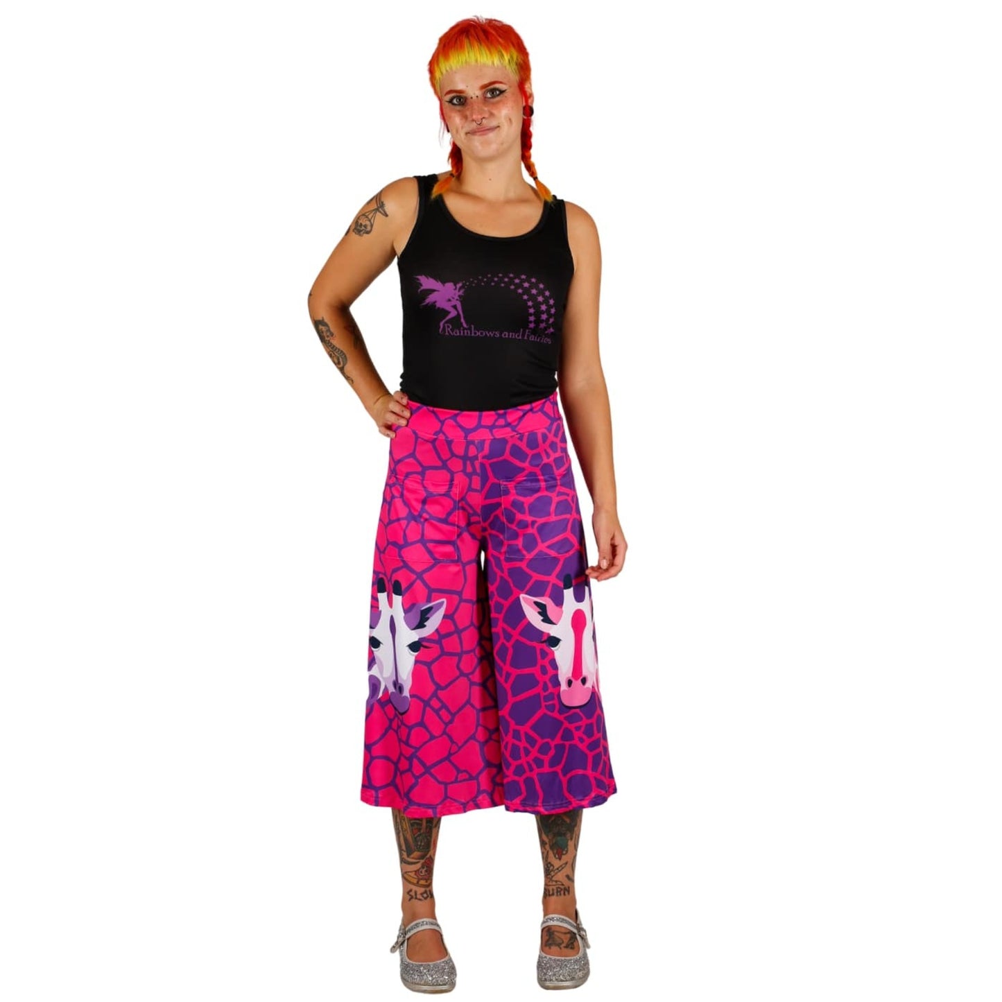 Andy Culottes by RainbowsAndFairies.com (Giraffe - Pink & Purple - Jungle - 3 Quarter Pants - Rockabilly - Vintage Inspired) - SKU: CL_CULTS_ANDYG_PNK - Pic 02