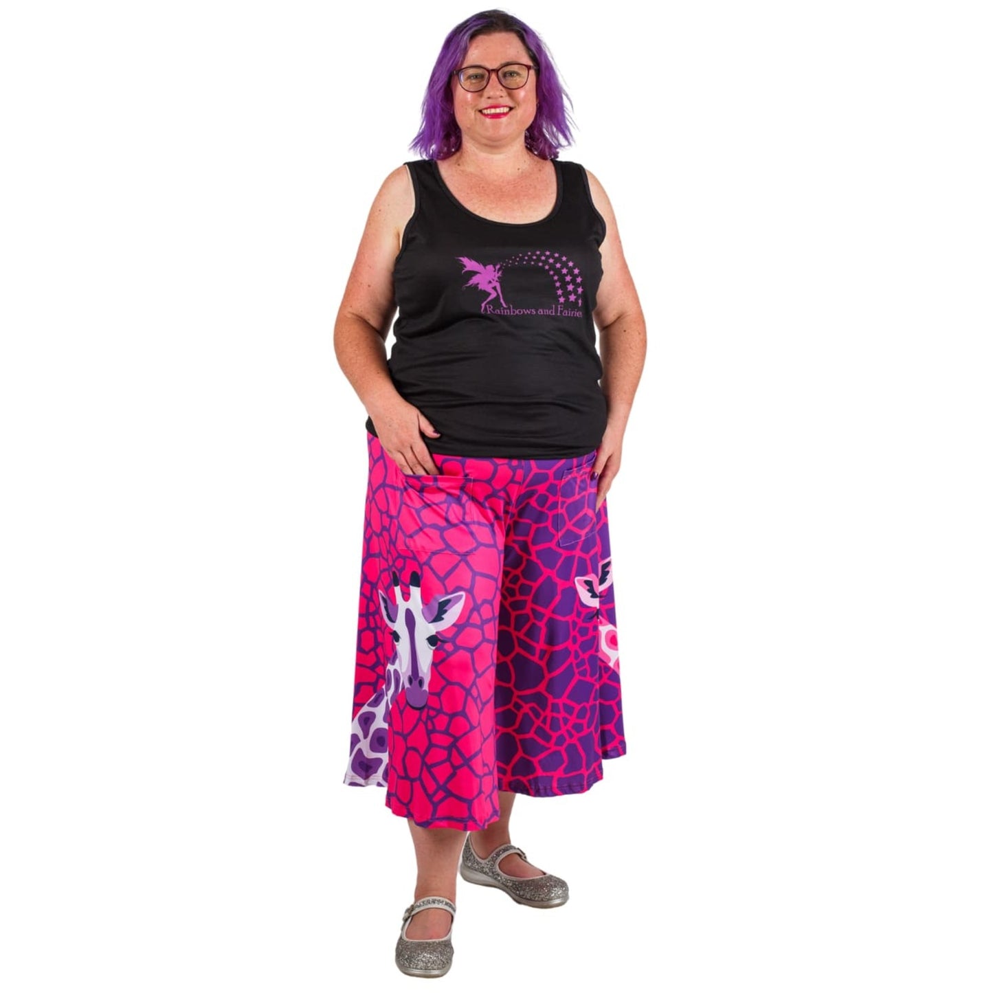 Andy Culottes by RainbowsAndFairies.com (Giraffe - Pink & Purple - Jungle - 3 Quarter Pants - Rockabilly - Vintage Inspired) - SKU: CL_CULTS_ANDYG_PNK - Pic 04
