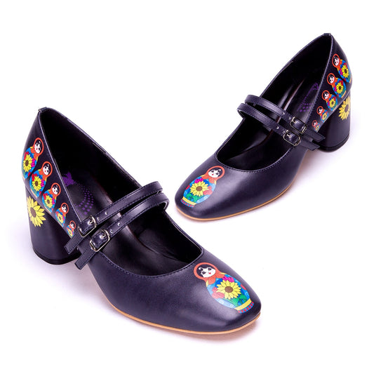 Babette Heels by RainbowsAndFairies.com (Babushka - Matryoshka Russian Doll - Sunflower - Quirky Shoes - Comfy Heels - Kitten Heels) - SKU: FW_HEELS_BABET_ORG - Pic 01