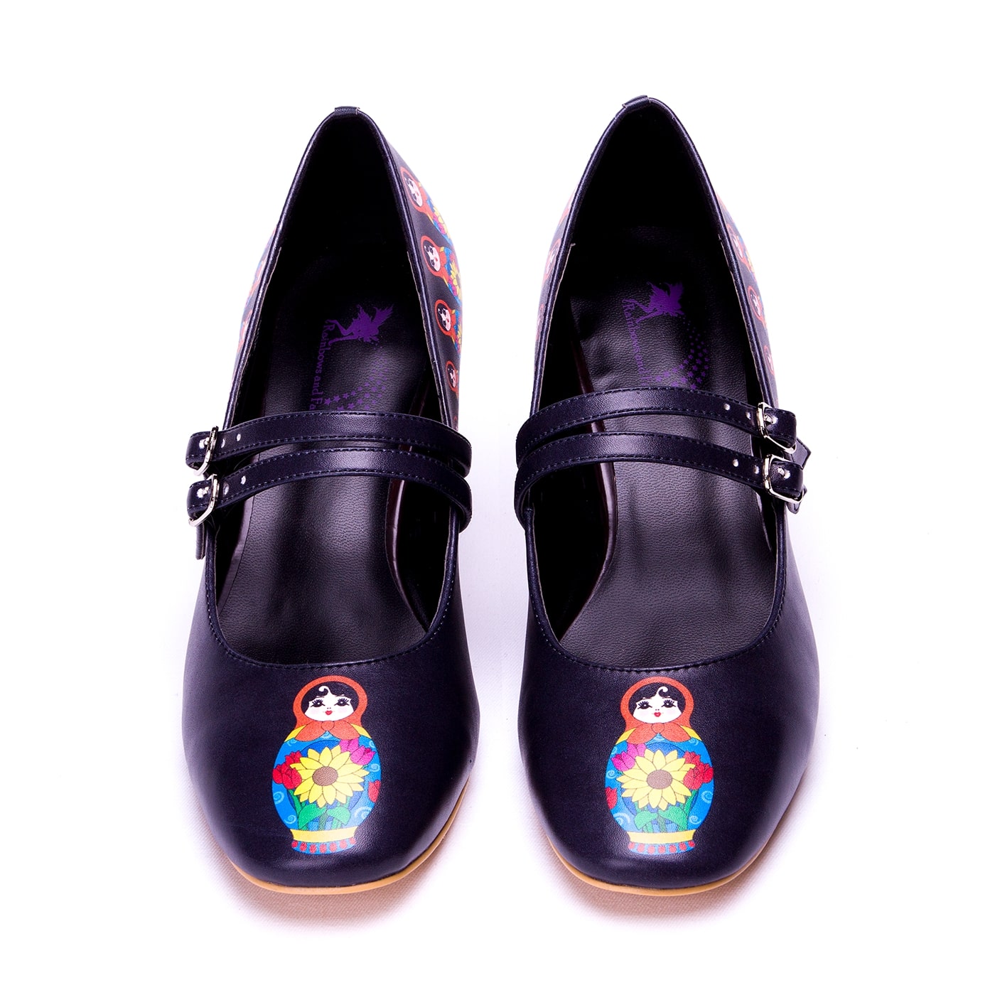 Babette Heels by RainbowsAndFairies.com (Babushka - Matryoshka Russian Doll - Sunflower - Quirky Shoes - Comfy Heels - Kitten Heels) - SKU: FW_HEELS_BABET_ORG - Pic 02