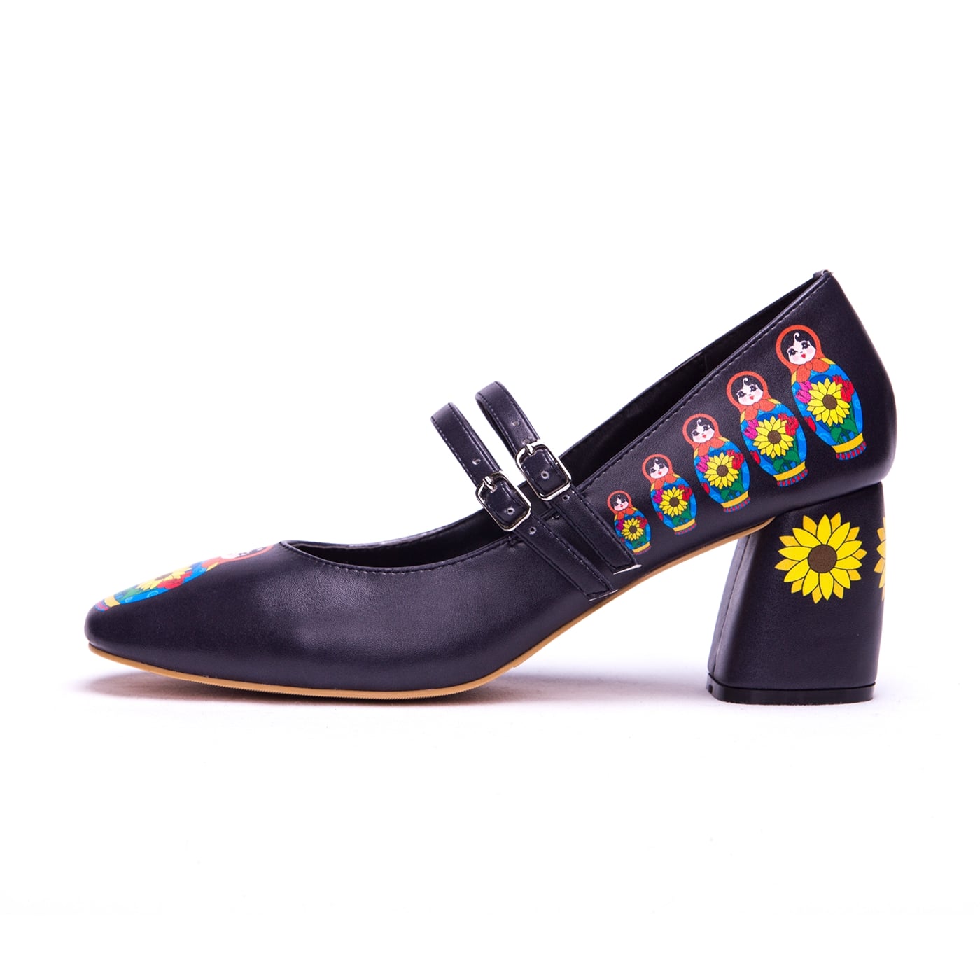 Babette Heels by RainbowsAndFairies.com (Babushka - Matryoshka Russian Doll - Sunflower - Quirky Shoes - Comfy Heels - Kitten Heels) - SKU: FW_HEELS_BABET_ORG - Pic 03