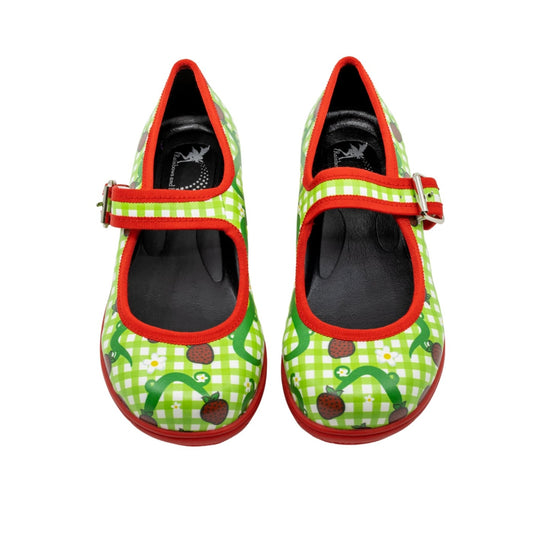 Berry Picnic Mary Janes by RainbowsAndFairies.com.au (Strawberries - Green Gingham - Strawberry Shortcake - Buckle Up Shoes - Mismatched Shoes) - SKU: FW_MARYJ_BPCNC_ORG - Pic-02