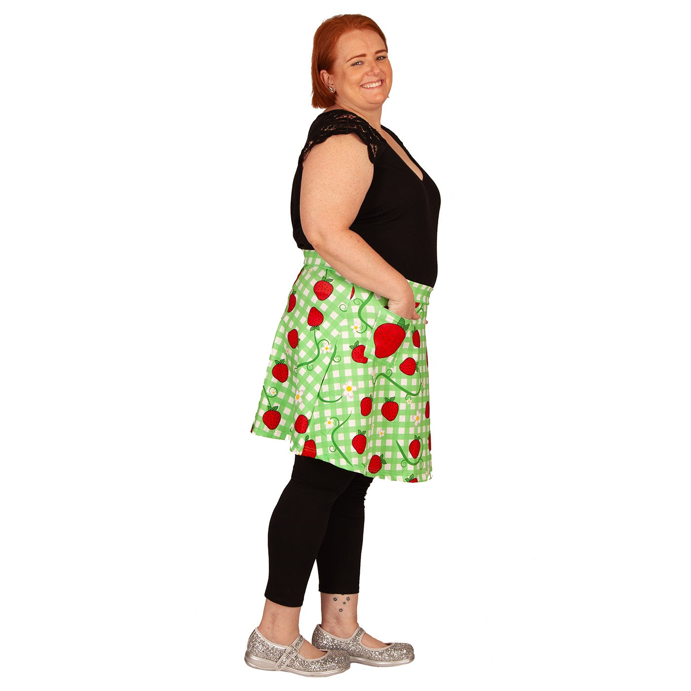 Berry Picnic Short Skirt by RainbowsAndFairies.com.au (Strawberry Shortcake - Green - Skirt With Pockets - Aline Skirt - Vintage Inspired - Kitsch) - SKU: CL_SHORT_BERRY_ORG - Pic-06