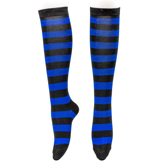 Black & Blue Stripe Knee High Socks by RainbowsAndFairies.com.au (Stripe Long Socks - Rainbow - Stockings - Colourful Socks - Vintage Inspired) - SKU: FW_SOCKS_STRIPE_B&B - Pic-01