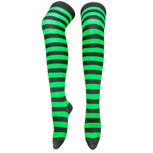 Black & Green Stripe Over The Knee Socks by RainbowsAndFairies.com.au (Stripe Long Socks - Rainbow - Stockings - Colourful Socks - Vintage Inspired) - SKU: FW_SOCKL_STRIPE_B&G - Pic-01