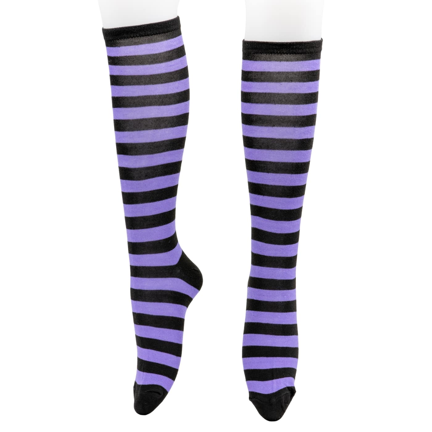 Black & Lilac Stripe Knee High Socks by RainbowsAndFairies.com.au (Stripe Long Socks - Rainbow - Stockings - Colourful Socks - Vintage Inspired) - SKU: FW_SOCKS_STRIPE_B&L - Pic-01