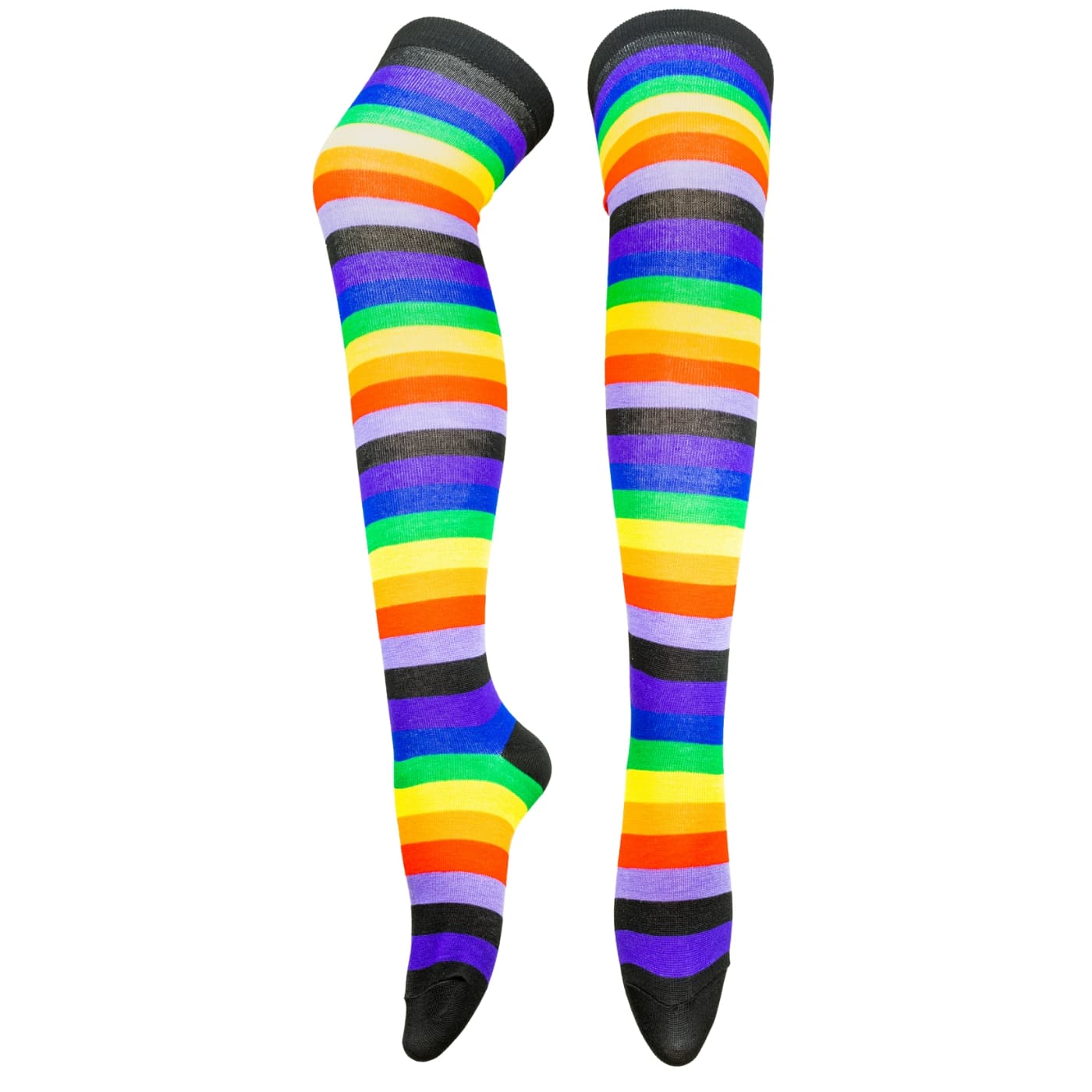 Black Rainbow Stripe Over The Knee Socks by RainbowsAndFairies.com.au (Stripe Long Socks - Rainbow - Stockings - Colourful Socks - Vintage Inspired) - SKU: FW_SOCKL_RAINB_BLA - Pic-01