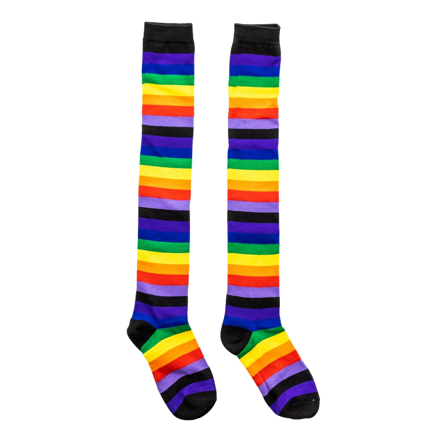 Black Rainbow Stripe Over The Knee Socks by RainbowsAndFairies.com.au (Stripe Long Socks - Rainbow - Stockings - Colourful Socks - Vintage Inspired) - SKU: FW_SOCKL_RAINB_BLA - Pic-02