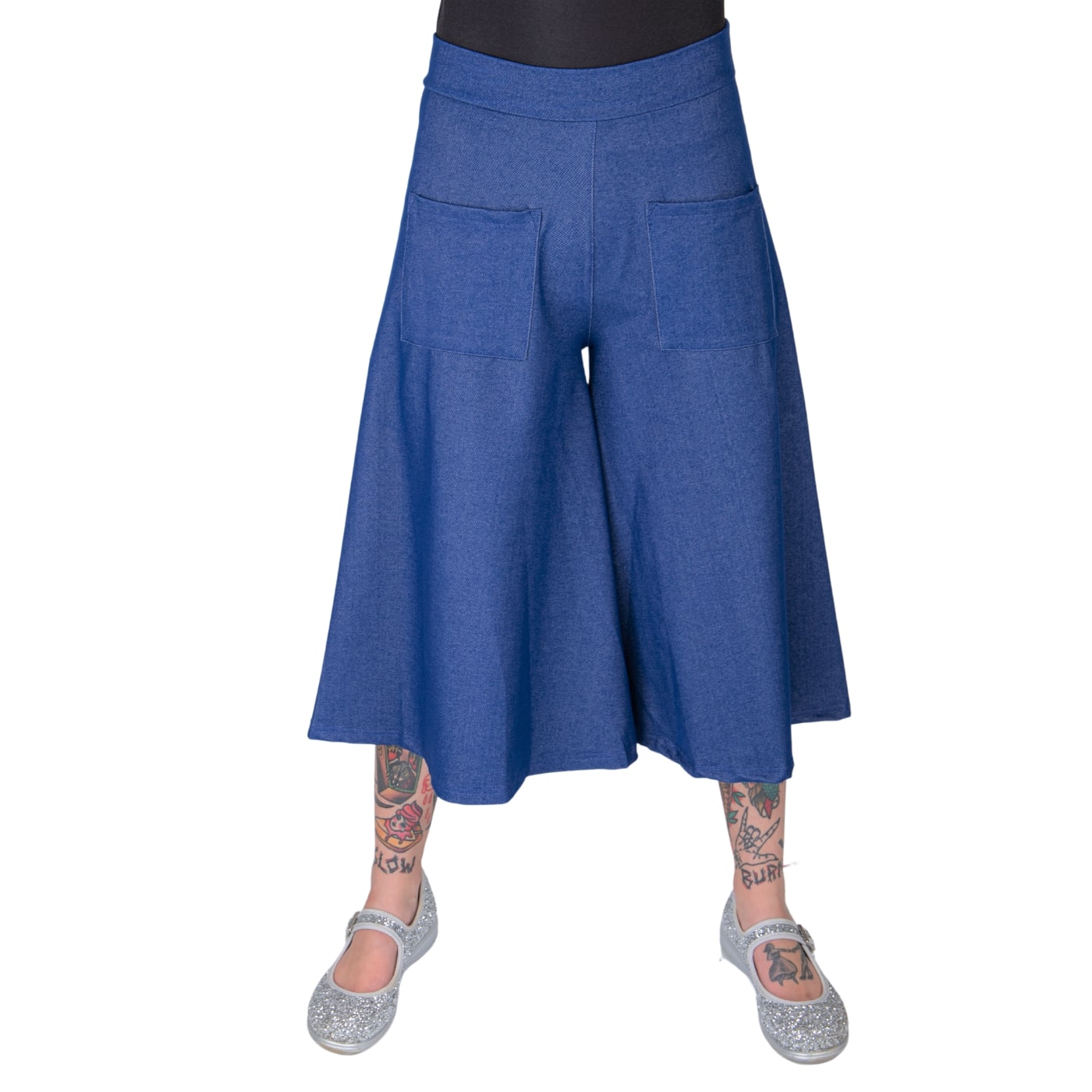 Blue Denim Culottes by RainbowsAndFairies.com.au (Denim Jeans - 3 Quarter Pants - Wide Leg Pants - Rockabilly - Kitsch - Vintage Inspired) - SKU: CL_CULTS_DENIM_BLU - Pic-01