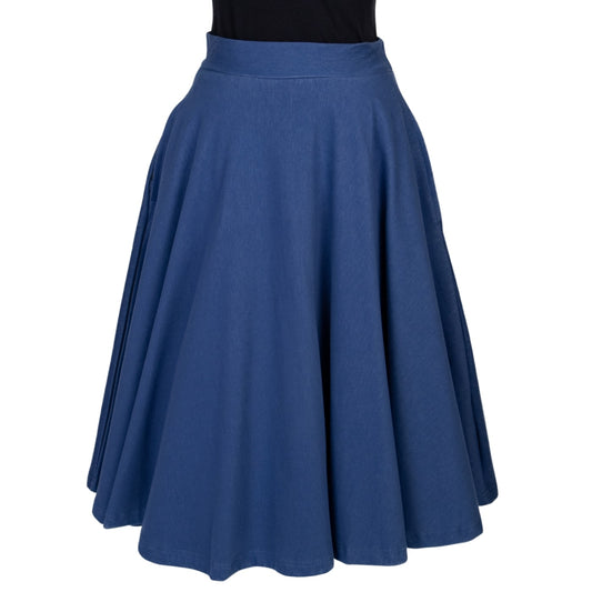 Blue Denim Swishy Skirt by RainbowsAndFairies.com.au (Denim Look - Jeggings - Rockabilly - Kitsch - Circle Skirt With Pockets - Mod Retro - Jean Skirt) - SKU: CL_SWISH_DENIM_BLU - Pic-02