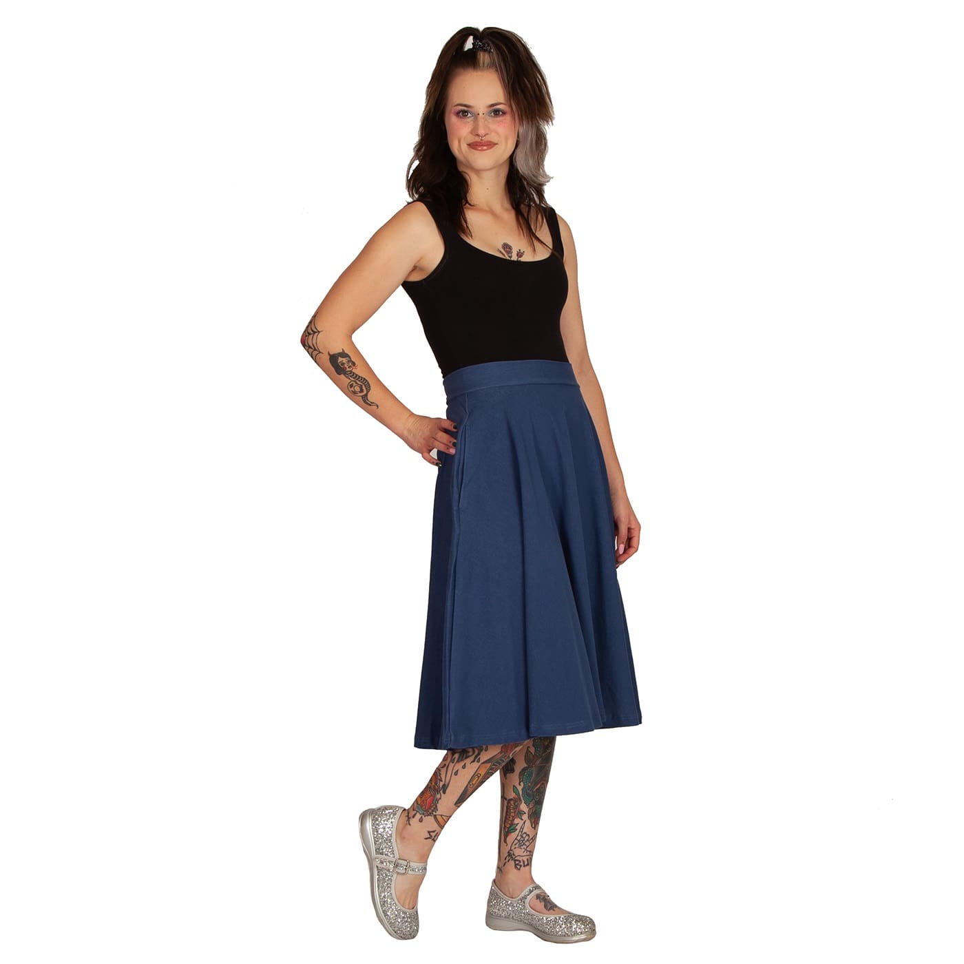 Blue Denim Swishy Skirt by RainbowsAndFairies.com.au (Denim Look - Jeggings - Rockabilly - Kitsch - Circle Skirt With Pockets - Mod Retro - Jean Skirt) - SKU: CL_SWISH_DENIM_BLU - Pic-06
