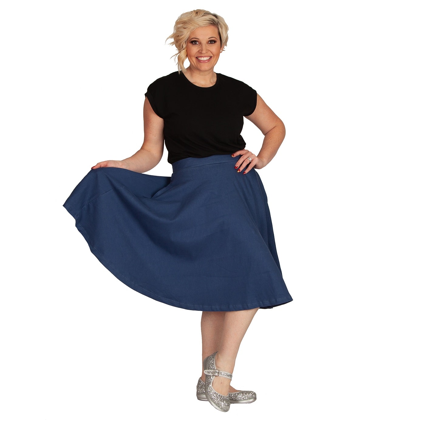 Blue Denim Swishy Skirt by RainbowsAndFairies.com.au (Denim Look - Jeggings - Rockabilly - Kitsch - Circle Skirt With Pockets - Mod Retro - Jean Skirt) - SKU: CL_SWISH_DENIM_BLU - Pic-08