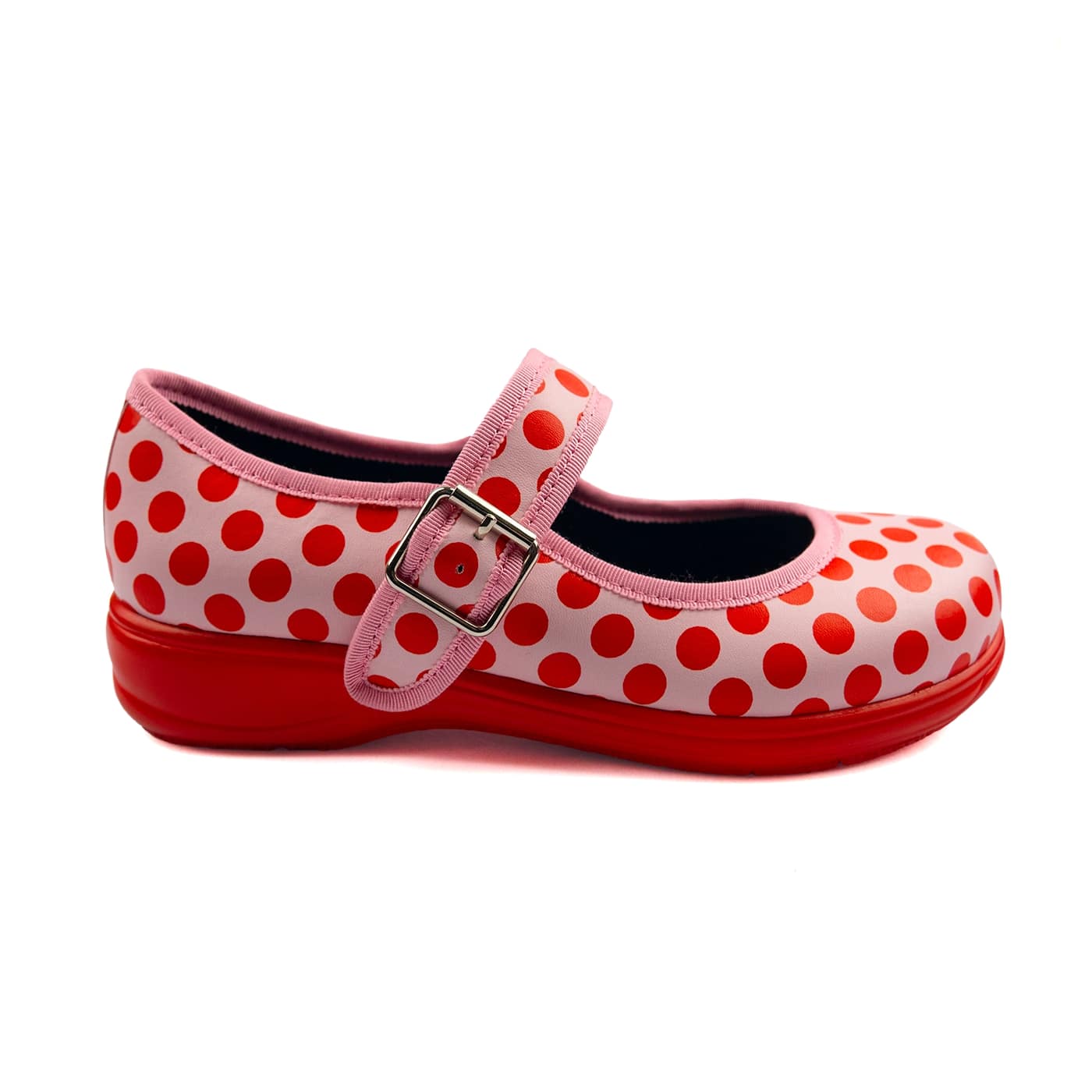 Blush Mary Janes by RainbowsAndFairies.com (Red Polka - Pink Polka - Minnie Mouse - Mismatched Shoes - Buckle Up Shoes - Cute Shoes) - SKU: FW_MARYJ_BLUSH_ORG - Pic 04