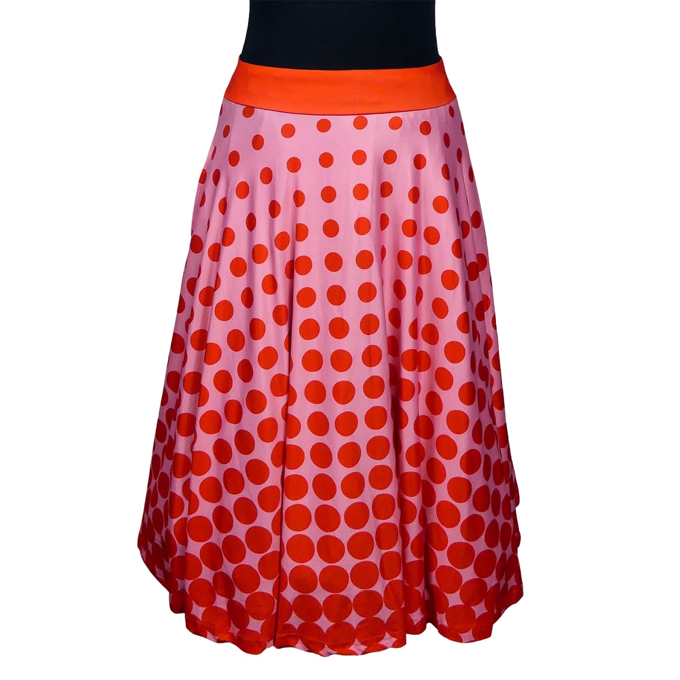 Blush Swishy Skirt by RainbowsAndFairies.com.au (Pink & Red - Polka Dot - Spots - Kitsch - Circle Skirt With Pockets - Mod Retro) - SKU: CL_SWISH_BLUSH_ORG - Pic-01