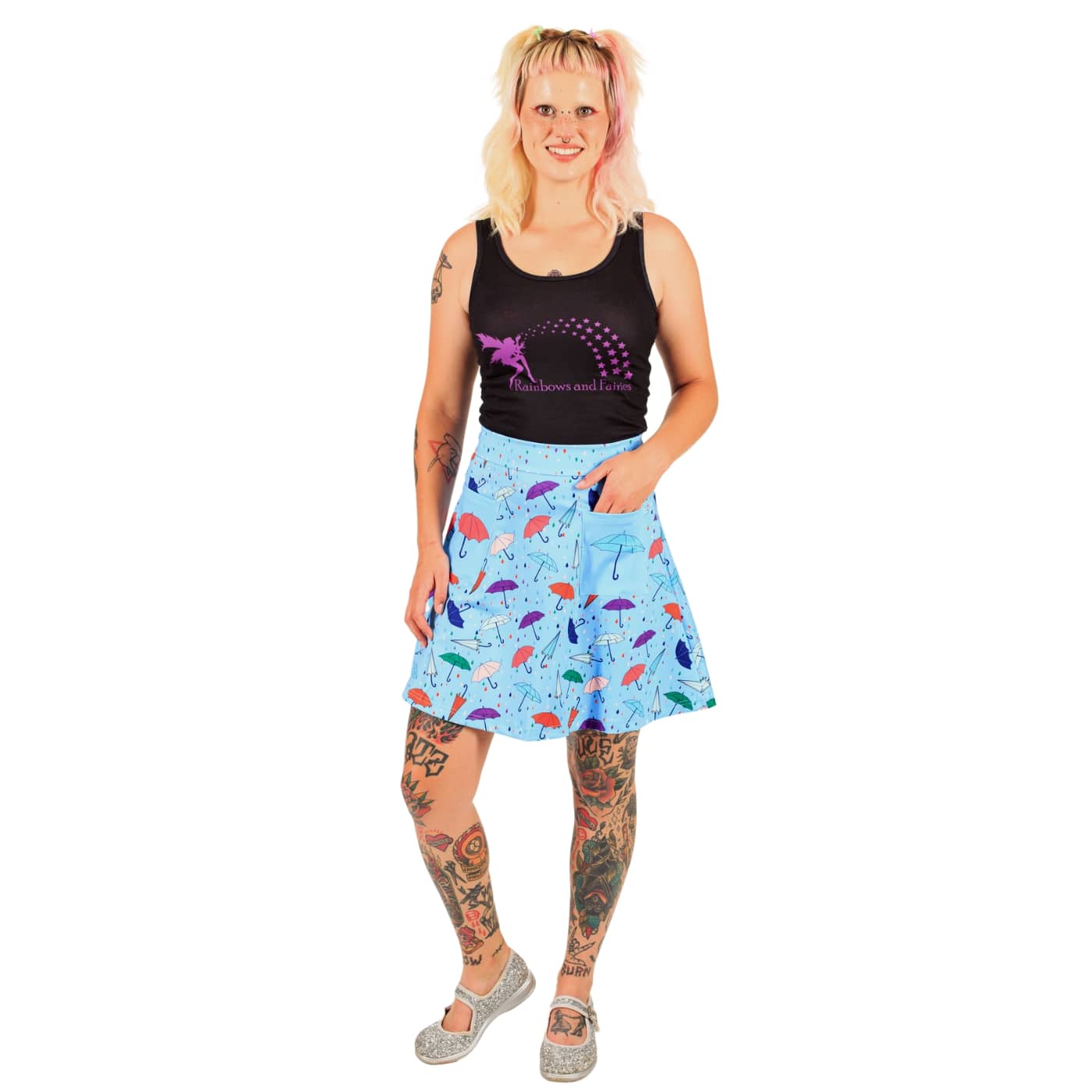 Brolly Short Skirt by RainbowsAndFairies.com (Umbrella - Rain - Raindrops - Skirt With Pockets - Rockabilly - Vintage Inspired) - SKU: CL_SHORT_BROLL_ORG - Pic 02