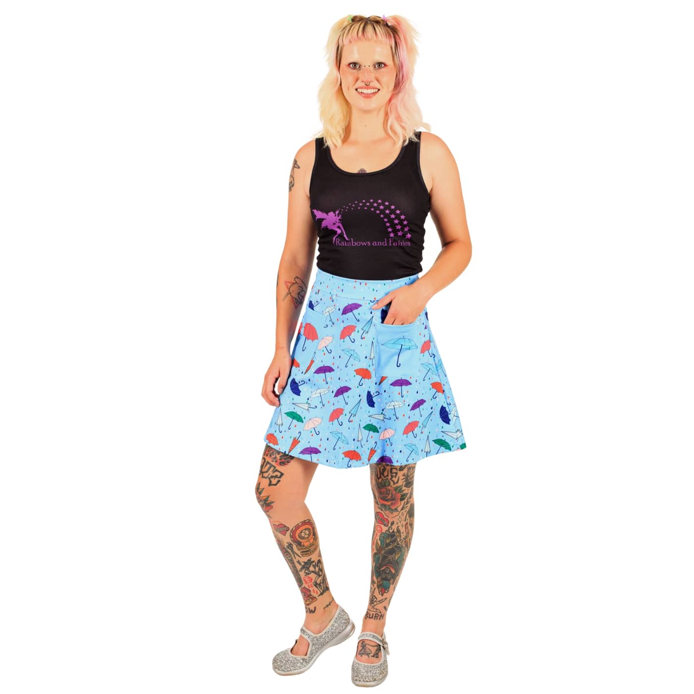 Brolly Short Skirt by RainbowsAndFairies.com (Umbrella - Rain - Raindrops - Skirt With Pockets - Rockabilly - Vintage Inspired) - SKU: CL_SHORT_BROLL_ORG - Pic 03