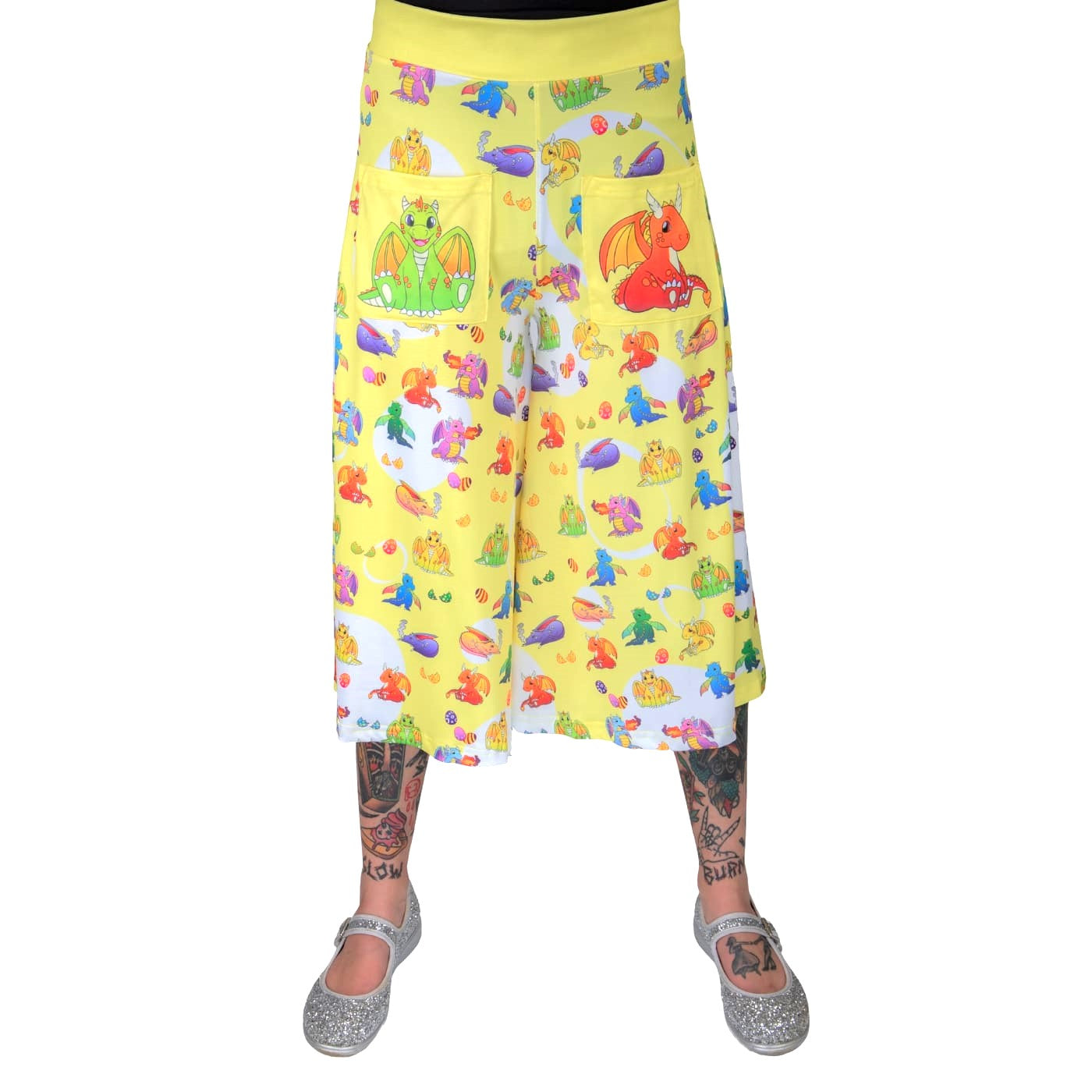 Brood Culottes by RainbowsAndFairies.com.au (Dragons - Vintage - Baby Dragon - Wide Leg Pants - Pokemon Inspired - 3 Quarter Pants - Kitsch) - SKU: CL_CULTS_BROOD_ORG - Pic-01