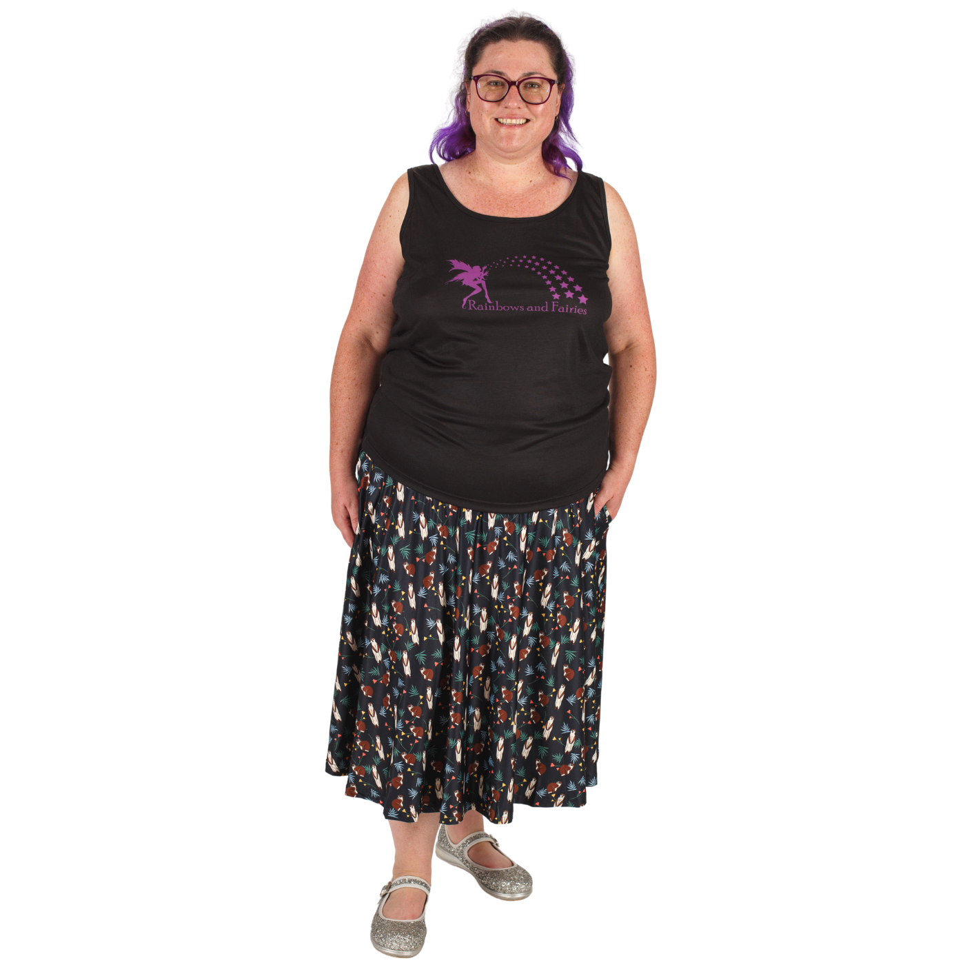 Burrow Swishy Skirt by RainbowsAndFairies.com (Meerkat - Animal Print - Skirt With Pockets - Circle Skirt - Vintage Inspired) - SKU: CL_SWISH_BURRO_ORG - Pic 03