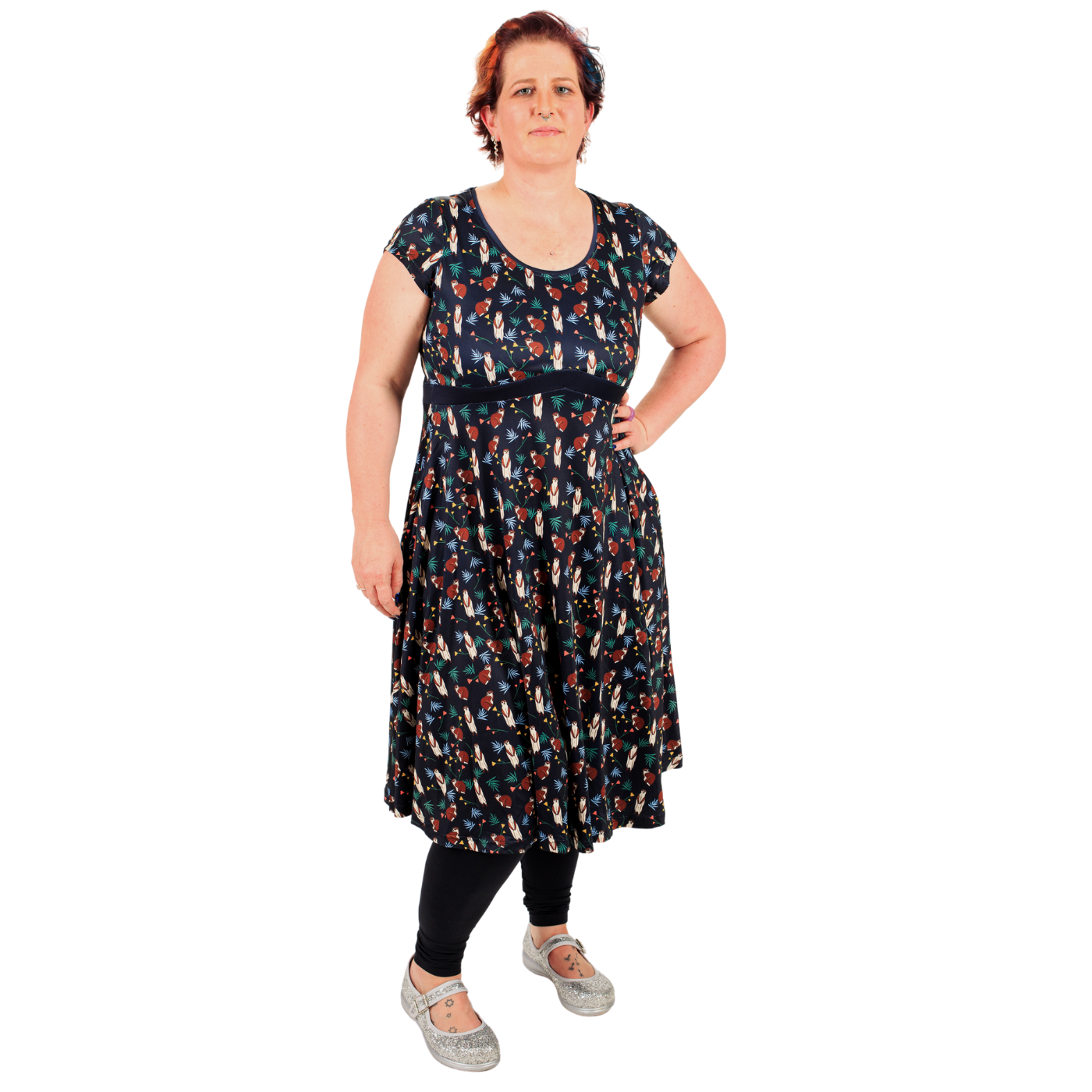 Burrow Tea Dress by RainbowsAndFairies.com (Meerkat - Animal Print - Dress With Pockets - Rockabilly - Vintage Inspired) - SKU: CL_TEADR_BURRO_ORG - Pic 02
