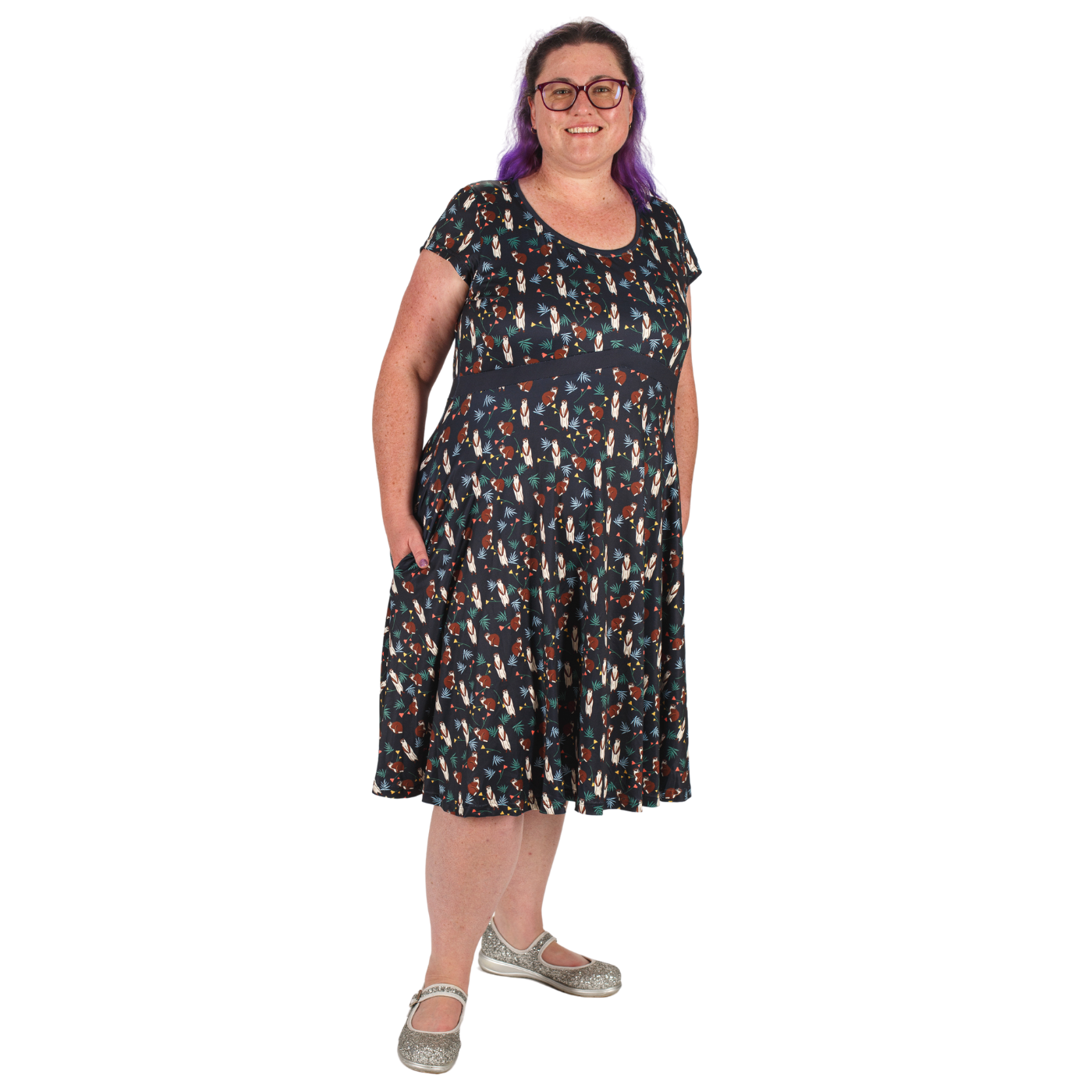 Burrow Tea Dress by RainbowsAndFairies.com (Meerkat - Animal Print - Dress With Pockets - Rockabilly - Vintage Inspired) - SKU: CL_TEADR_BURRO_ORG - Pic 05