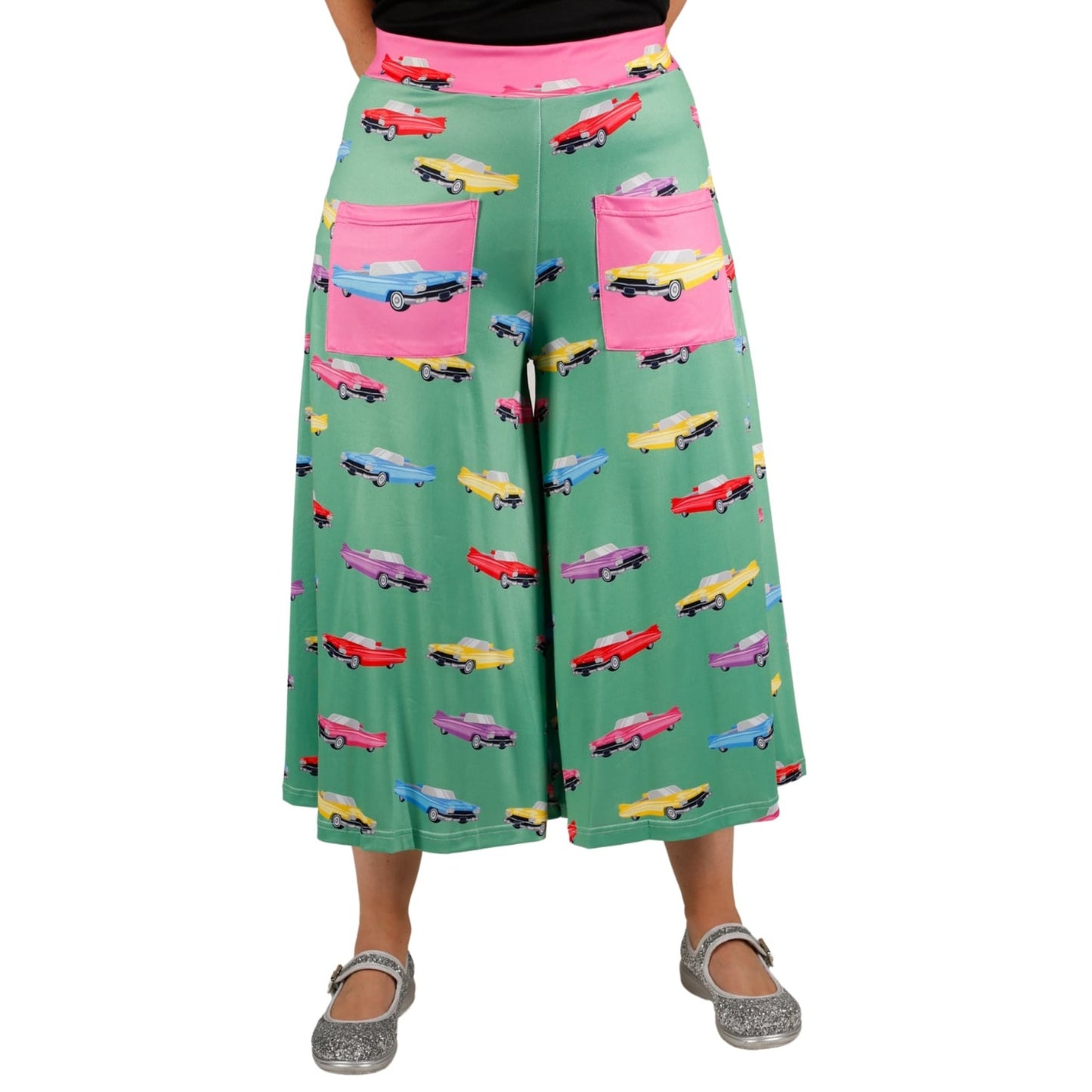 Cadillac Culottes by RainbowsAndFairies.com.au (Vintage Car - Antique - 3 Quarter Pants - Kitsch - Vintage Inspired - Pink Cadillac - Rock & Roll) - SKU: CL_CULTS_CADIL_ORG - Pic-01