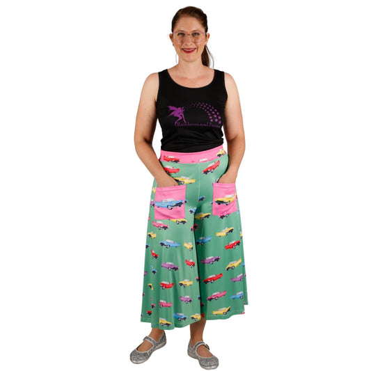 Cadillac Culottes by RainbowsAndFairies.com.au (Vintage Car - Antique - 3 Quarter Pants - Kitsch - Vintage Inspired - Pink Cadillac - Rock & Roll) - SKU: CL_CULTS_CADIL_ORG - Pic-02