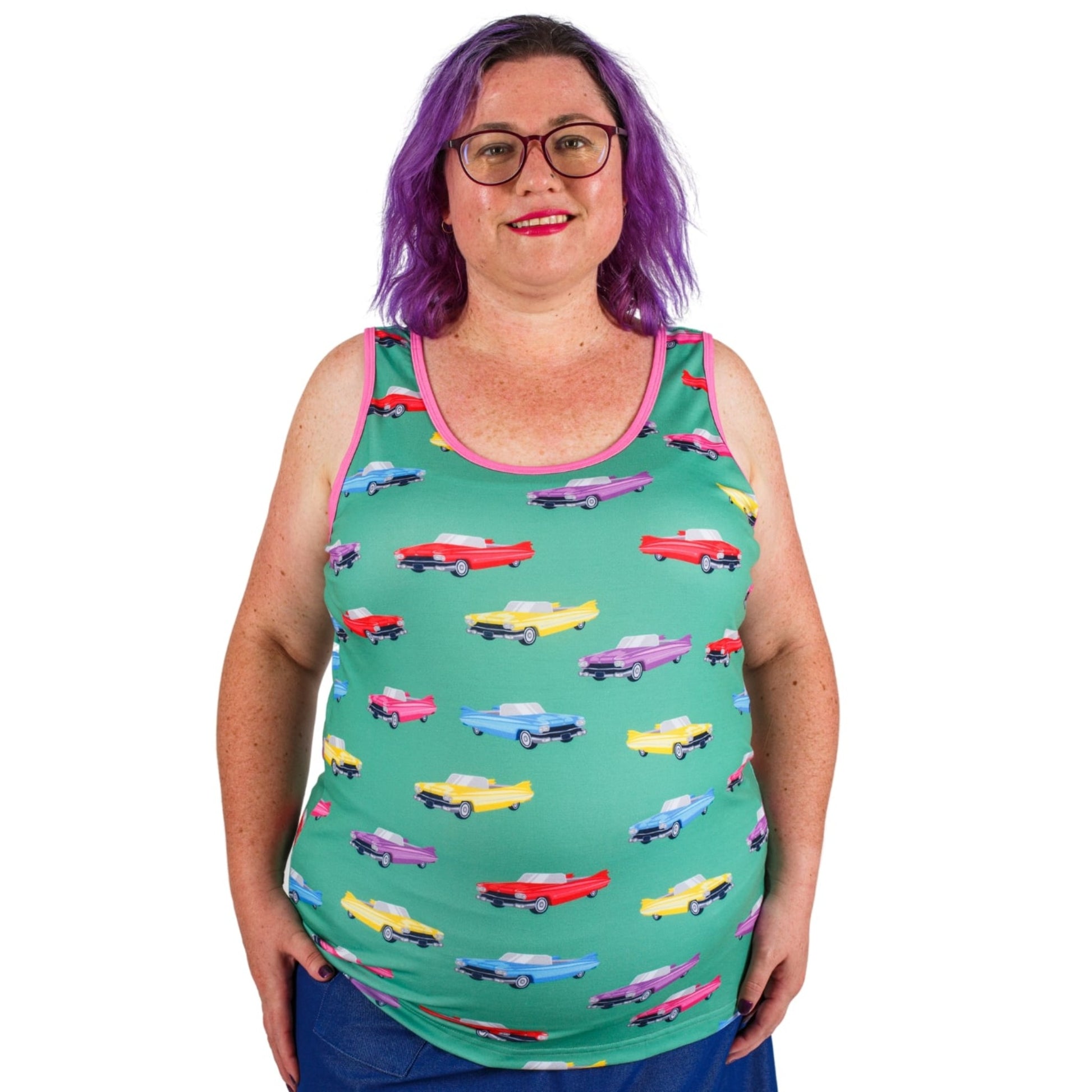 Cadillac Singlet Top by RainbowsAndFairies.com.au (Vintage Car - Antique - Tank Top - Shirt - Vintage Inspired - Pink Cadillac - Kitsch) - SKU: CL_SGLET_CADIL_ORG - Pic-05
