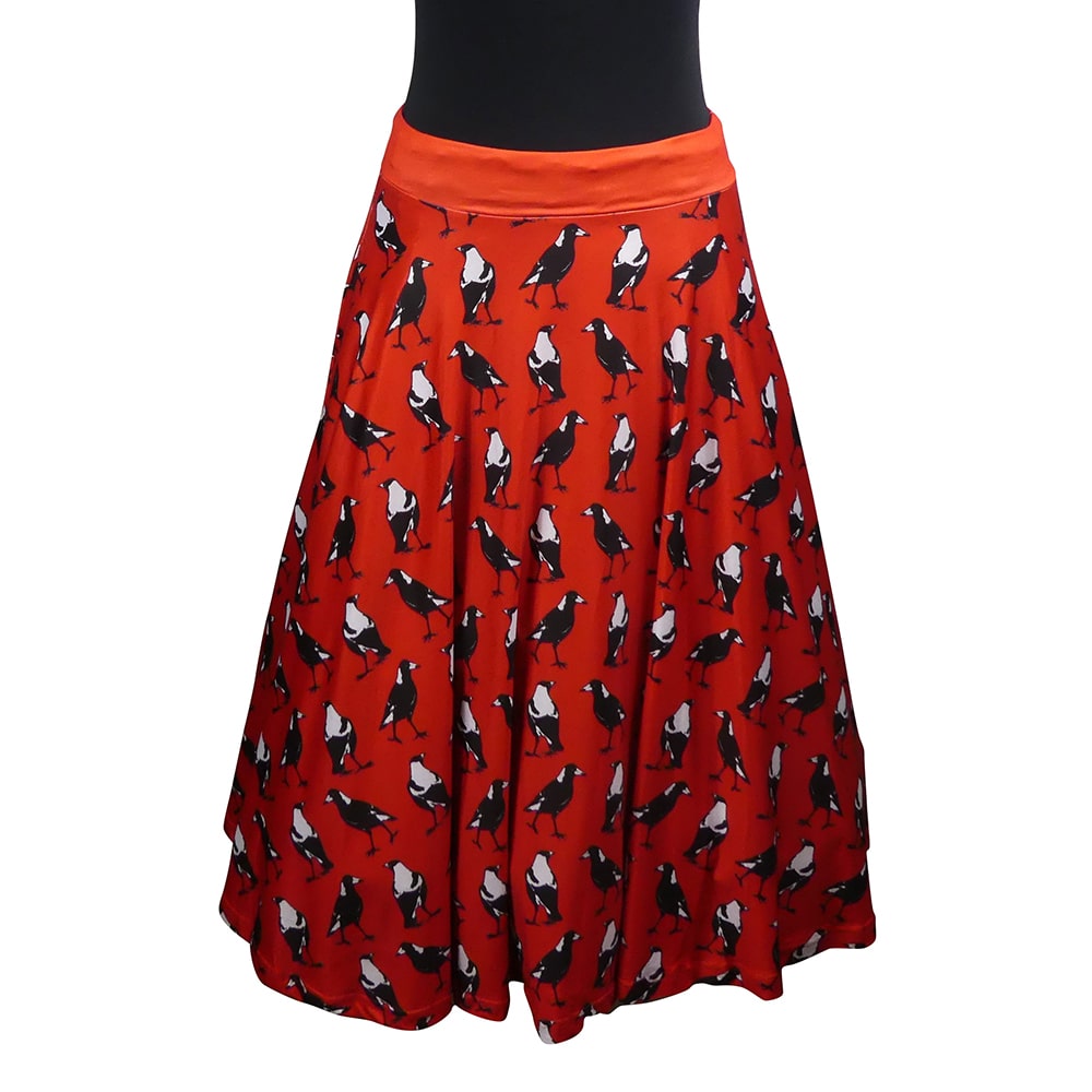 Charm Swishy Skirt by RainbowsAndFairies.com.au (Magpie - Red Black & White - Animal Print - Australian Bird - Circle Skirt With Pockets - Mod Retro) - SKU: CL_SWISH_CHARM_ORG - Pic-01