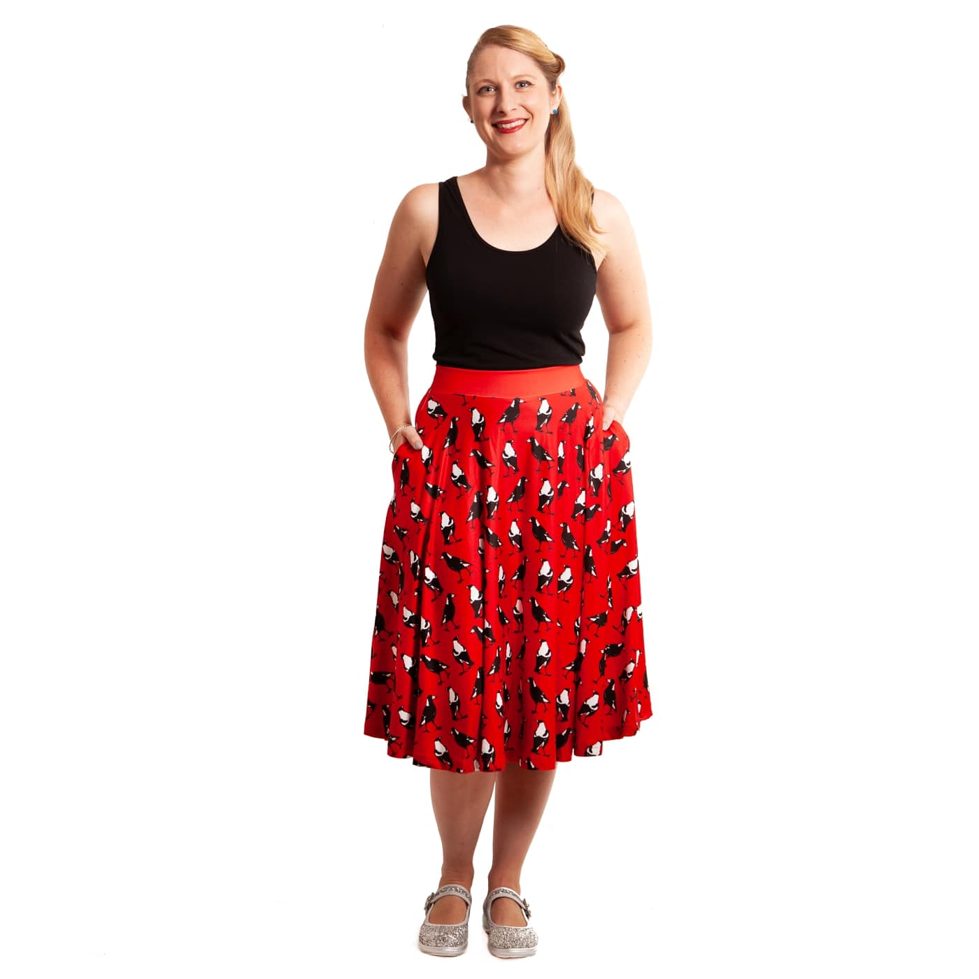 Charm Swishy Skirt by RainbowsAndFairies.com.au (Magpie - Red Black & White - Animal Print - Australian Bird - Circle Skirt With Pockets - Mod Retro) - SKU: CL_SWISH_CHARM_ORG - Pic-05