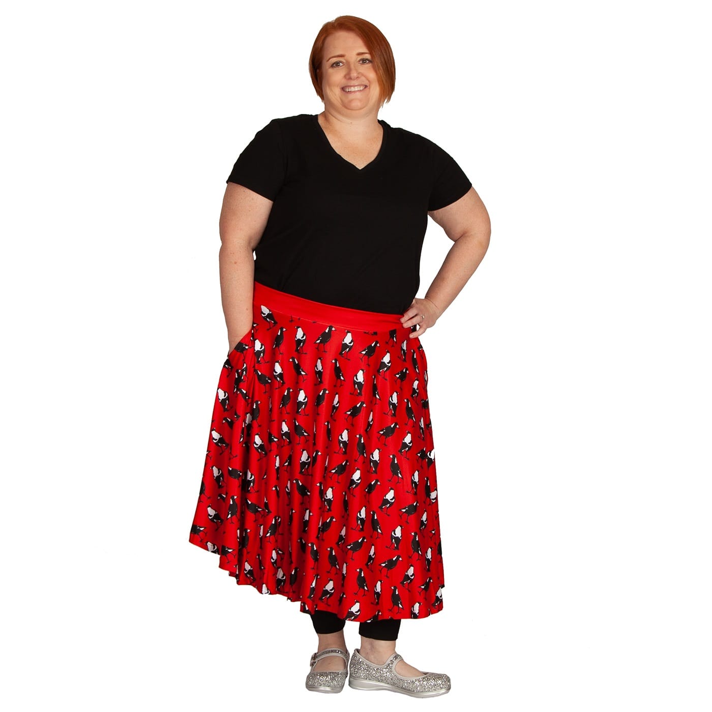 Charm Swishy Skirt by RainbowsAndFairies.com.au (Magpie - Red Black & White - Animal Print - Australian Bird - Circle Skirt With Pockets - Mod Retro) - SKU: CL_SWISH_CHARM_ORG - Pic-07