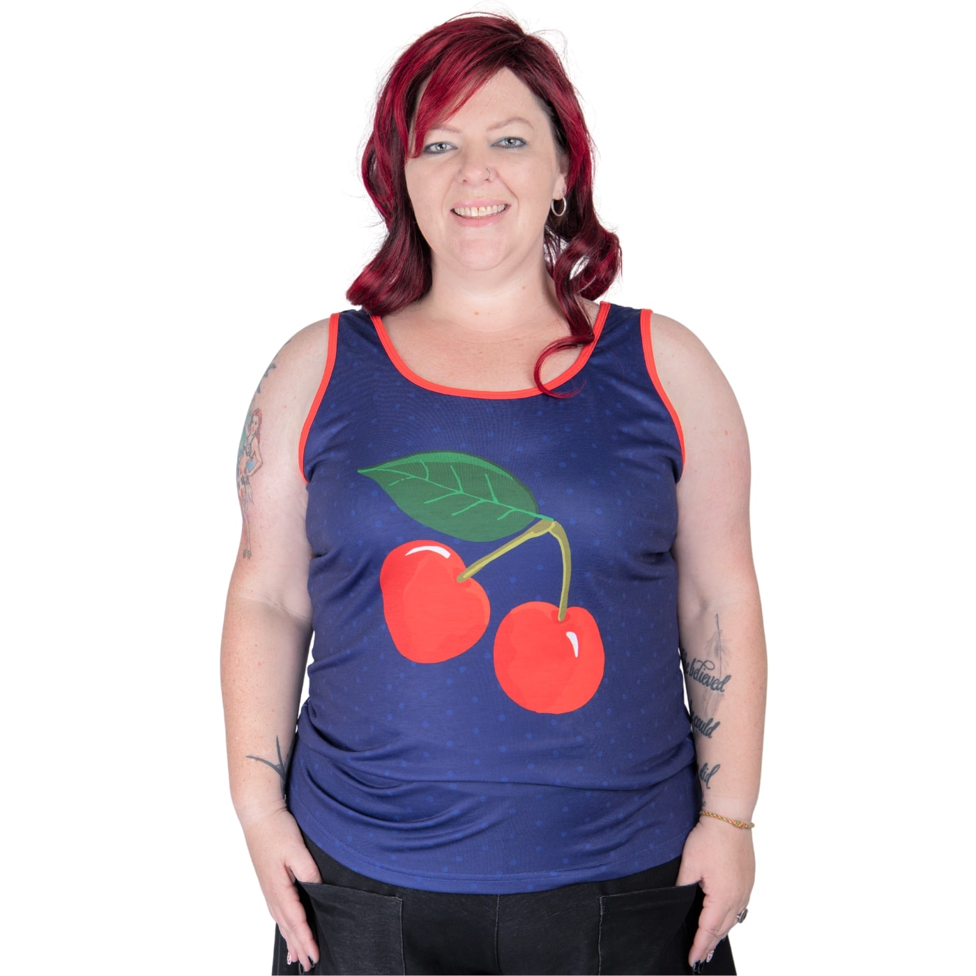 Cherry Singlet by RainbowsAndFairies.com.au (Cherries - Cherry Print - Rockabilly - Singlet Top - Tank Top - Kitsch - Vintage Inspired) - SKU: CL_SGLET_CHERR_ORG - Pic-02