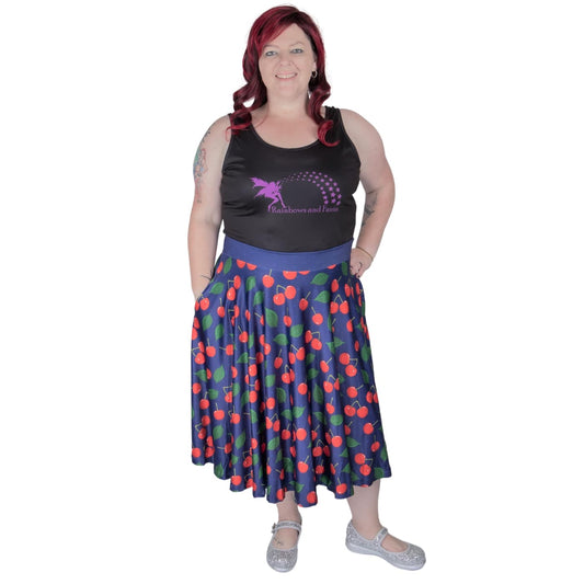 Cherry Swishy Skirt by RainbowsAndFairies.com.au (Cherries - Cherry Print - Rockabilly - Circle Skirt - Skirt With Pockets - Kitsch - Vintage Inspired) - SKU: CL_SWISH_CHERR_ORG - Pic-01