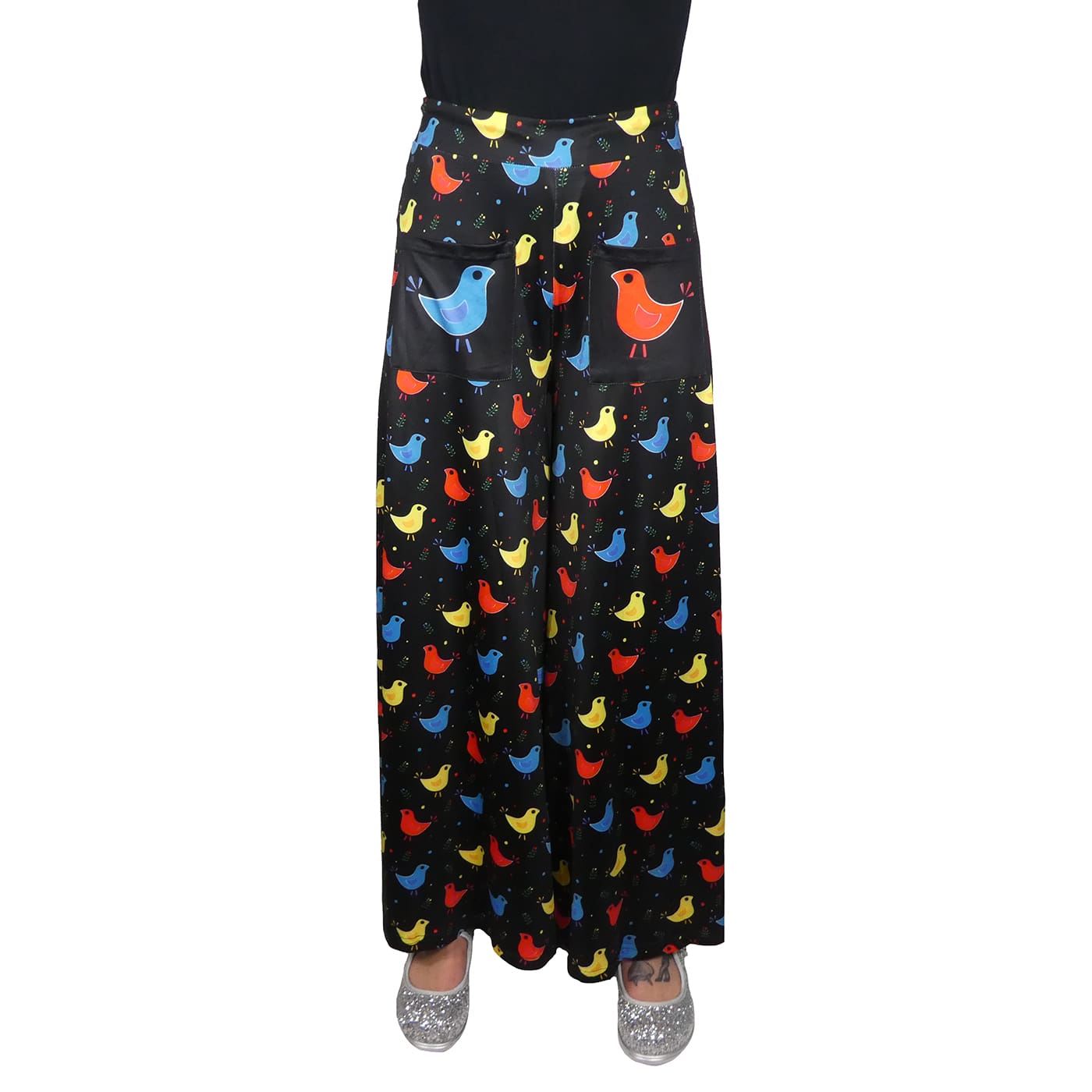 Chirp Wide Leg Pants by RainbowsAndFairies.com.au (Cute Birds - Partridge Family Inspired - Pants With Pockets - Pallazo Pants - Flares) - SKU: CL_WIDEL_CHIRP_ORG - Pic-01